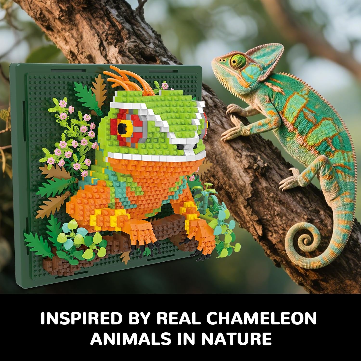 Chameleon Animal 3D Wall Art Micro Mini Building Blocks Set, Unique Home Wall Decor or Table Display, No Compatible with Lego, Ideal Gift Toy for Adults & Boys Girls 14+ (1376 PCS)