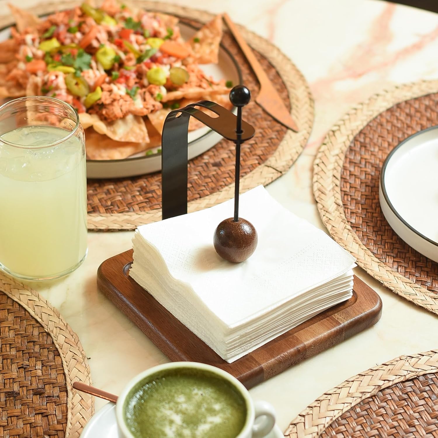 Cocktail napkin holder with Weight for Table - Modern 5x5 Cocktail and Paper Napkins Serviette Stand, Rustic Wooden Appetizer Holder for Kitchen and Outdoor Use