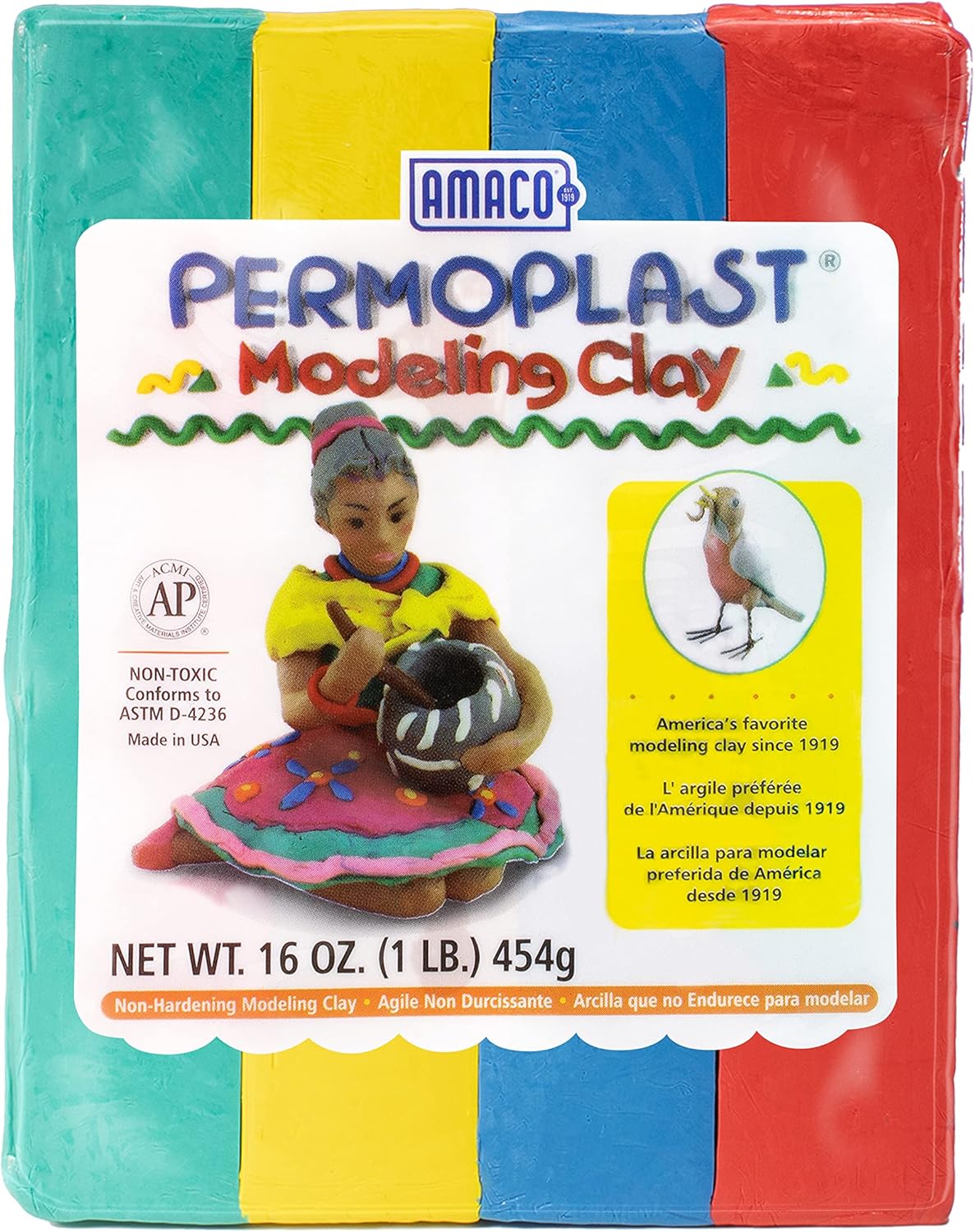 AMACO Permoplast Modeling Clay - 1 lb Non-Hardening Modeling Clay for Everyone in 4 Colors - Modeling Clay in Red Yellow Green and Blue - Non Hardening Modeling Clay for Animation and Play