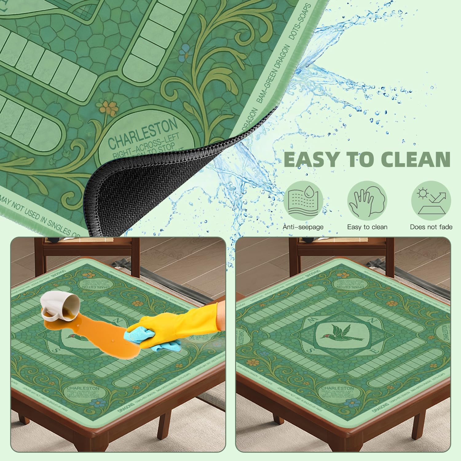 ARELUX Neoprene Mahjong Mat with Carrying Bag 32"x32" No Creases Rolled Shipping American Mahjong Mat with Charles Rules Anti-Slip & Noise Reduction Table Cover for Poker, Card & Board Game(Green)