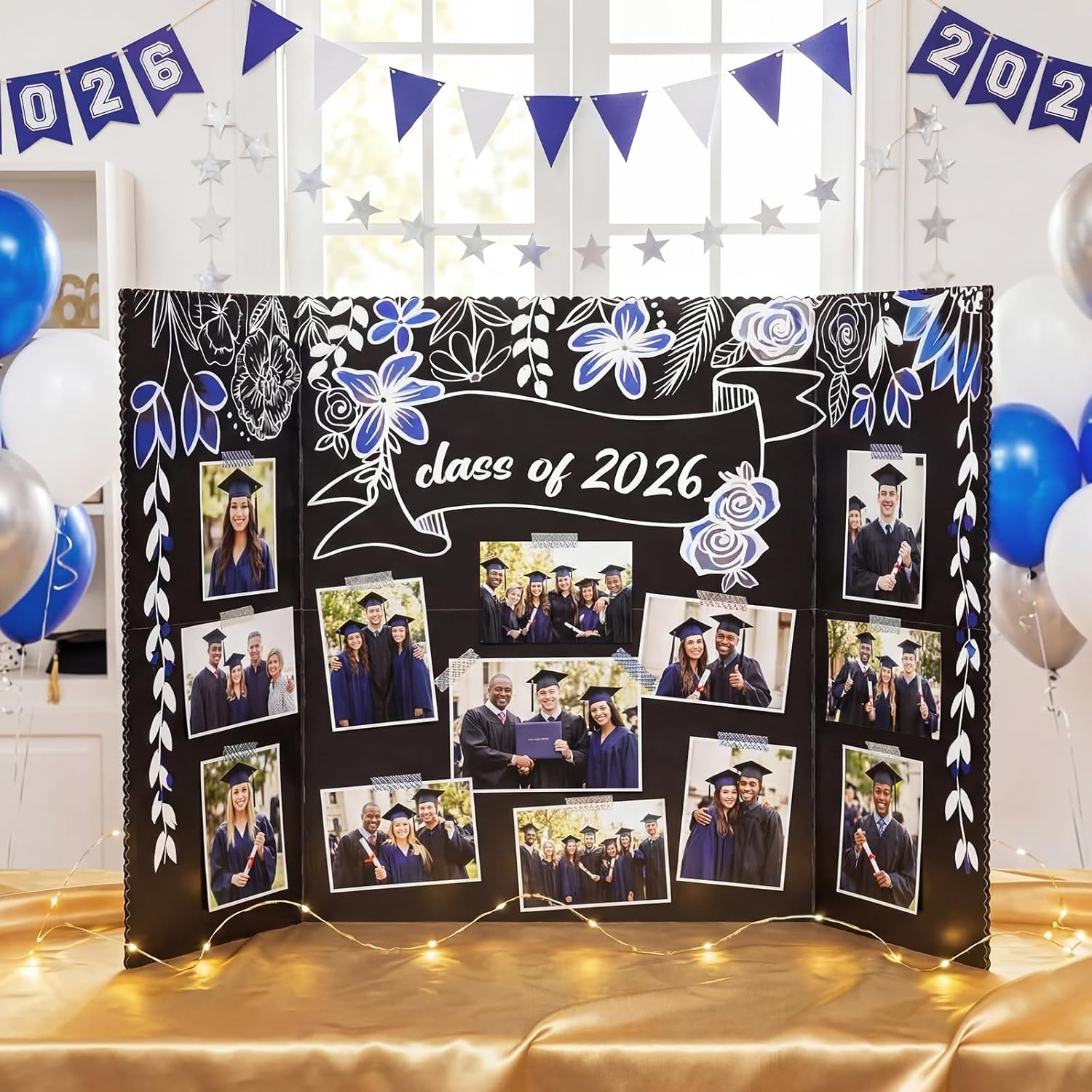 Epakh 2 Pcs 2026 Graduation Photo Display Board Gold Black Trifold Senior Poster Board 33 x 20 in for Class of 2026 Graduation Photo Frames Picture Display Grad Party Gift Table Decor(Flowers,Blue)