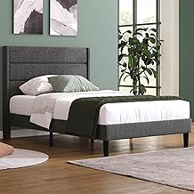 Merax Upholstered Bed, 90 x 200 cm, Bed Frame with Slatted Frame and Headboard, Padded, Single Bed, Textile Cover, Linen, Dark Grey, Timeless and Modern Design, Youth Bed