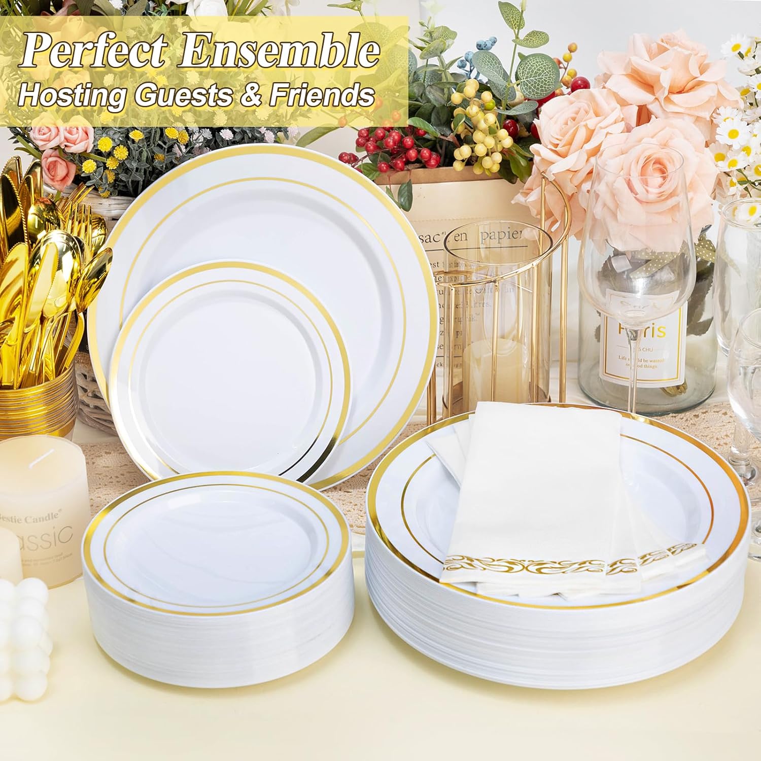 BESTSTAR 100PCS White Plastic Plates Set with Gold Rim, 50 10.25 inch Heavy Duty Dinner Plate and 50 7.5 inch Dessert Appetizer Plates, Premium Disposable Plates for Party, Wedding, Birthday