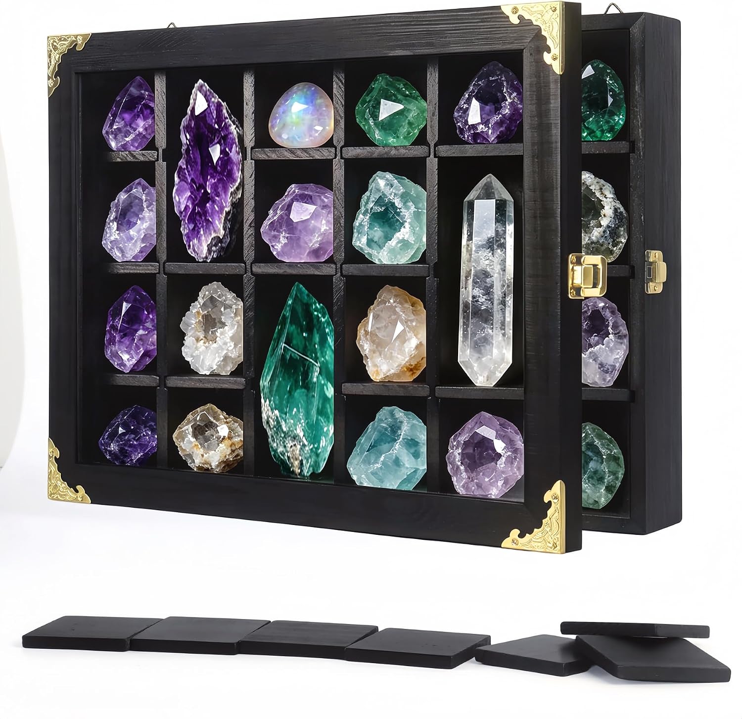 24 Grid Rock Display Case, Adjustable Wooden Collection Box with Lid and Lock, Wall Mounted Crystal Storage Organizer with Shelves for Rocks Crystal Minerals Geodes, Gift for Rock Collector