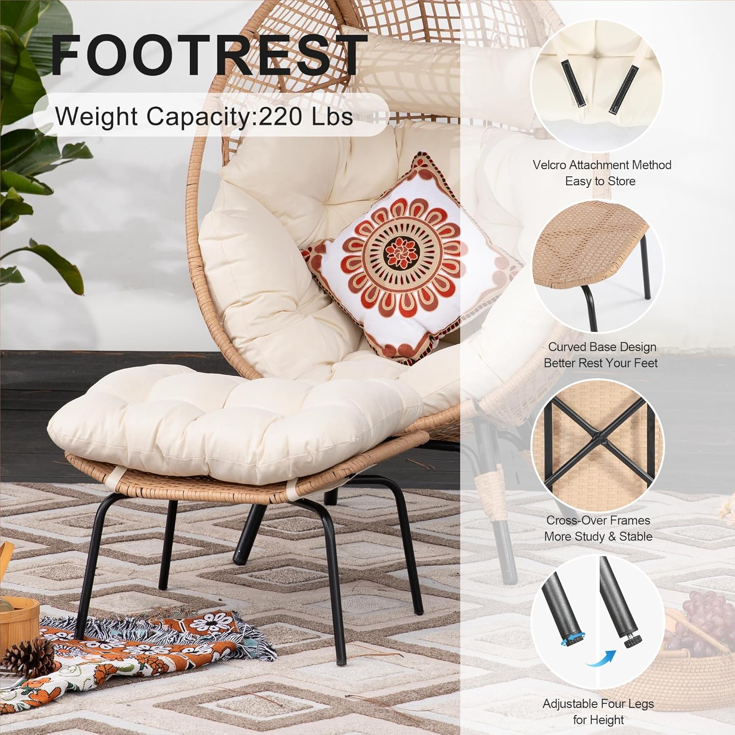 FINCATI 2 Person Delicated Outdoor Indoor Wicker Egg Chair with Footrest, Oversized 440 lbs Egg Basket Cocoon Chair with Ottoman Set of 2, PE Rattan Patio Stationary Cushioned Lounge Loveseat