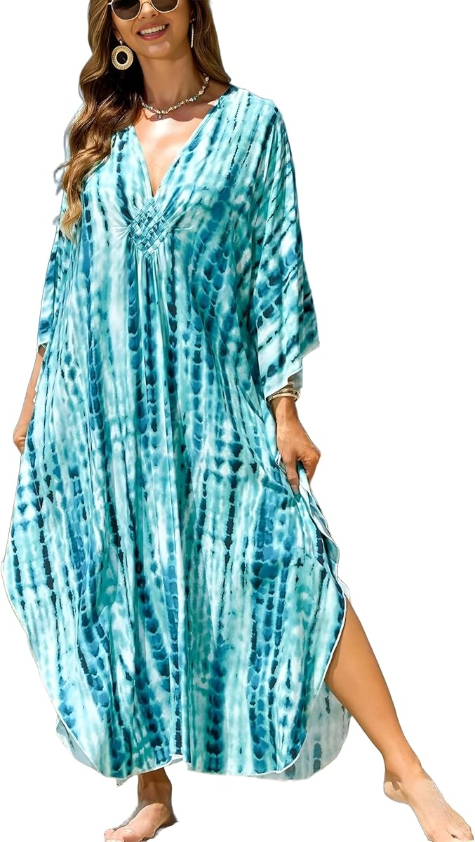 IMAGEKOPE Kaftan Dresses for Women Plus Size V-Neck Moo Moos Batwing Kaftan Beach Dress Bathing Suit Cover-Up Loungewear