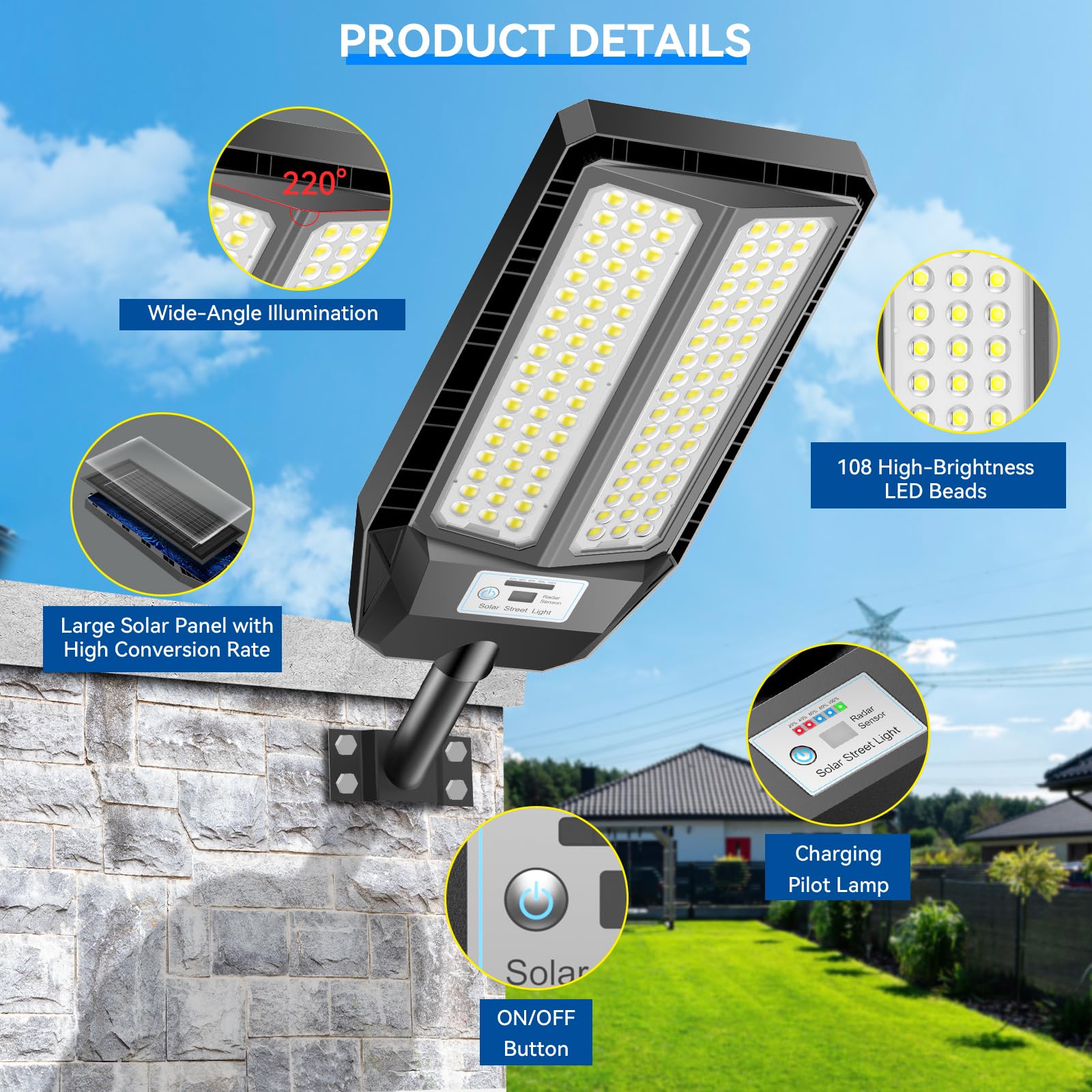 Adewalk 700W*2 PRO Farolas Solares Exterior Potente con Mando a Distancia, Impermeable IP66 Luz Led Farola Solar Exterior con Sensor de Movimiento for Roads, Yardas, Garden