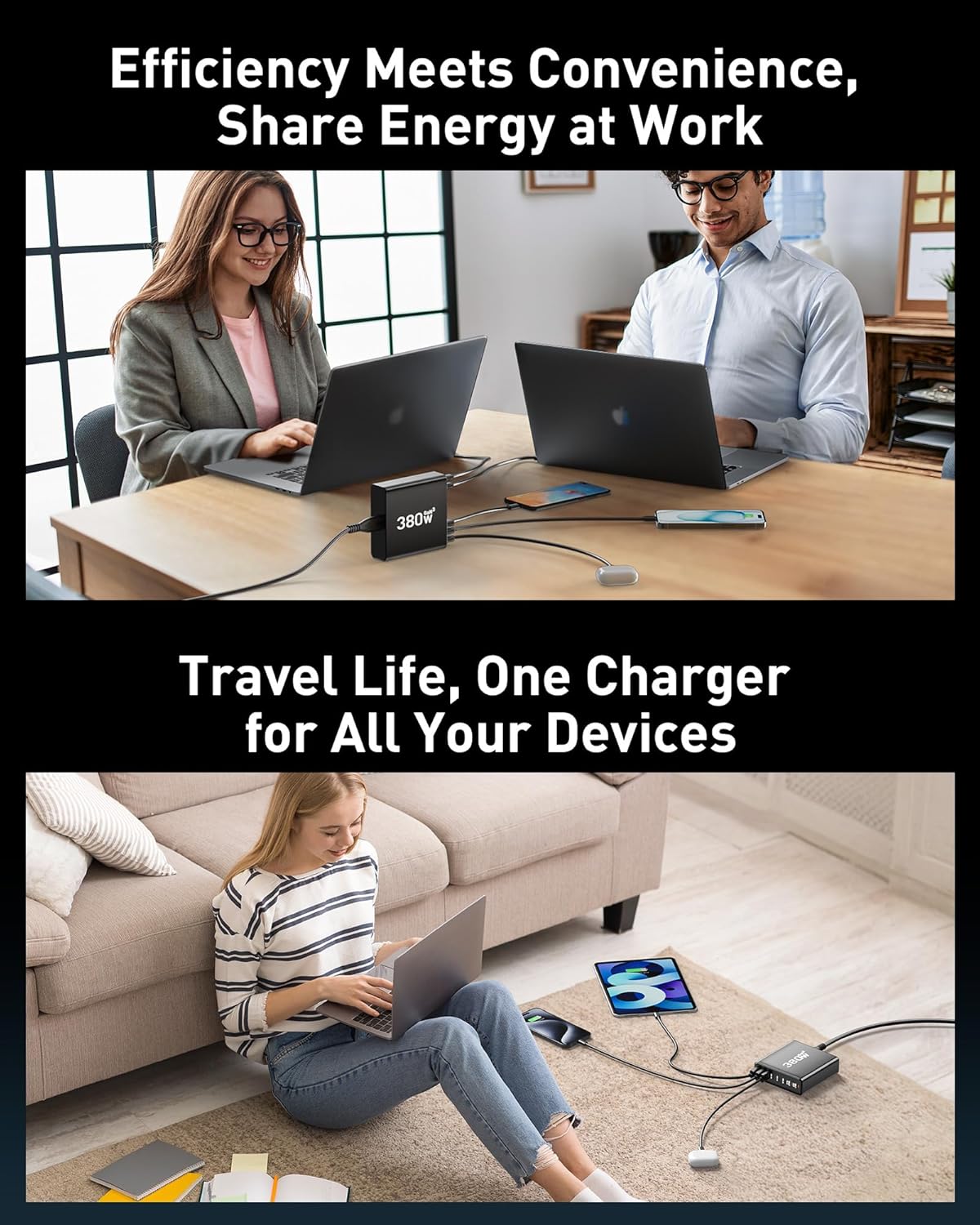 380W USB C Charger Block,with 4 USB Cables 8-Port USB C Charging Station Dual 100W Laptop Charger Fast Charger Type C Charging Block for MacBook Pro, Dell XPS, iPhone, iPad, Tablet (Bright Black) - Image 6