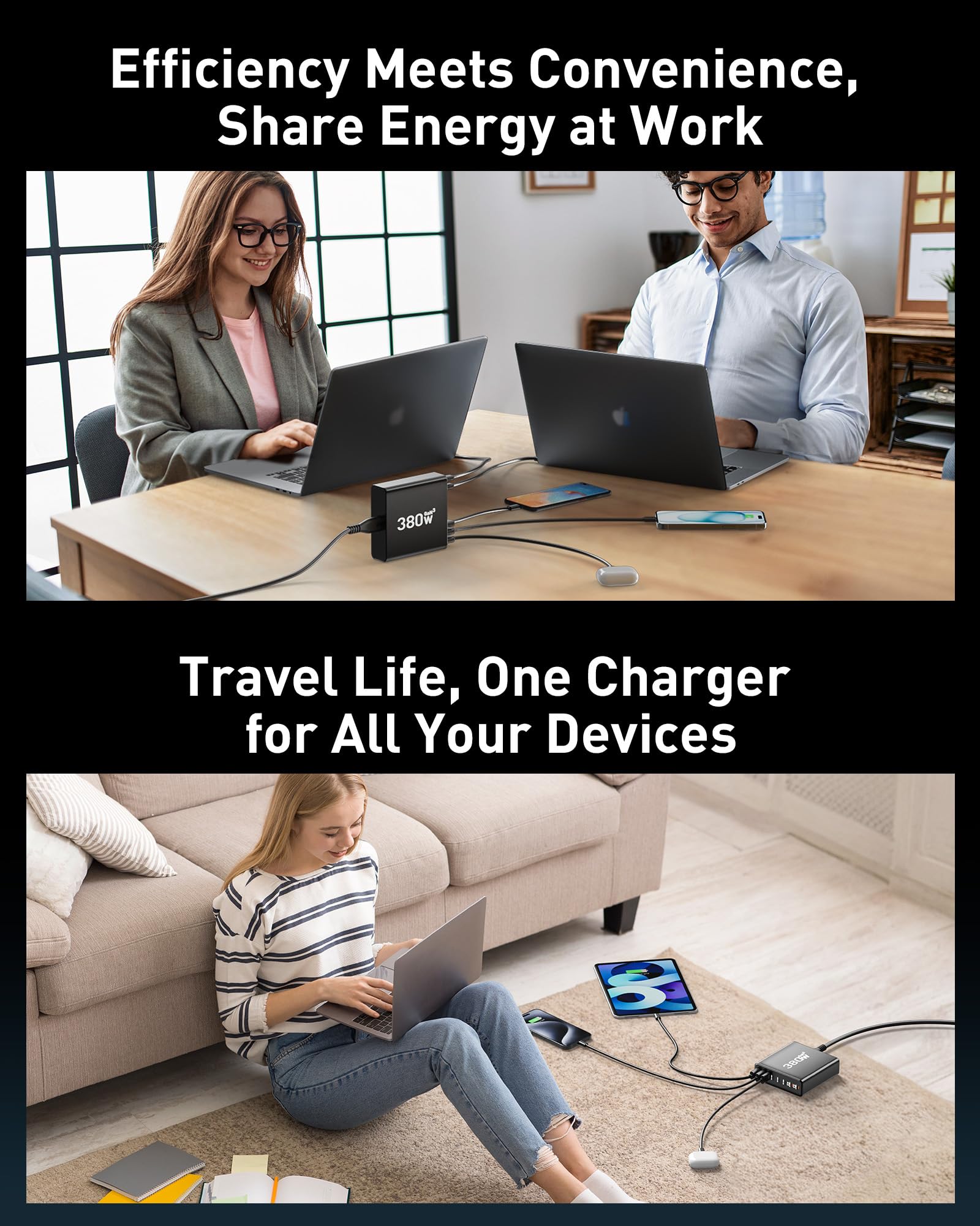 Blocco caricabatterie USB C da 280 W, stazione di ricarica USB a 8 porte GaN III PD 65 W adattatore per caricabatterie per laptop (nero brillante)