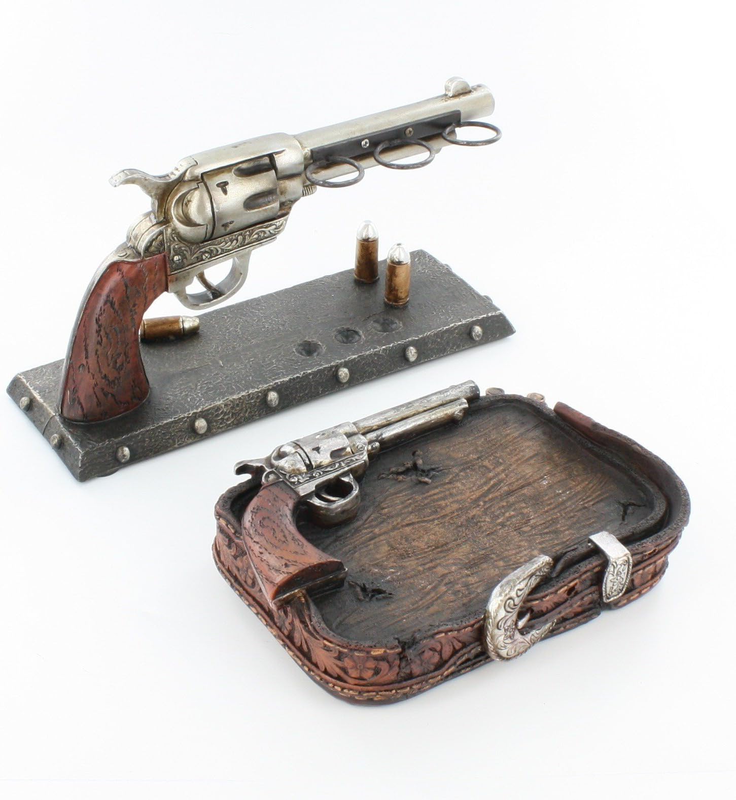 Six Shooter Belt Buckle Bathroom Set - Toothbrush Holder & Soap Dish Western Pistol Gun Decor