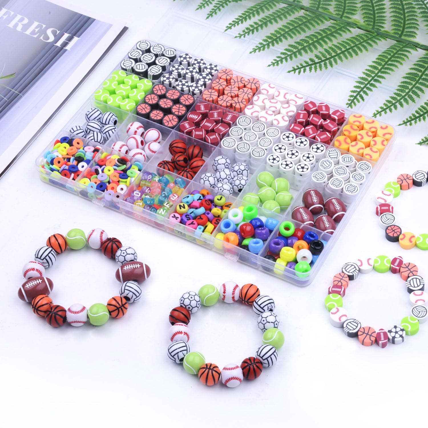 1000PCS Sports Ball Polymer Clay Beads Charms for Friendship Bracelets Making Kit Cute Fun Beads DIY Arts Crafts Birthday Gifts for Kids Girls Baseball Basketball Soccer Rugby Volleyball Football Bead image 3
