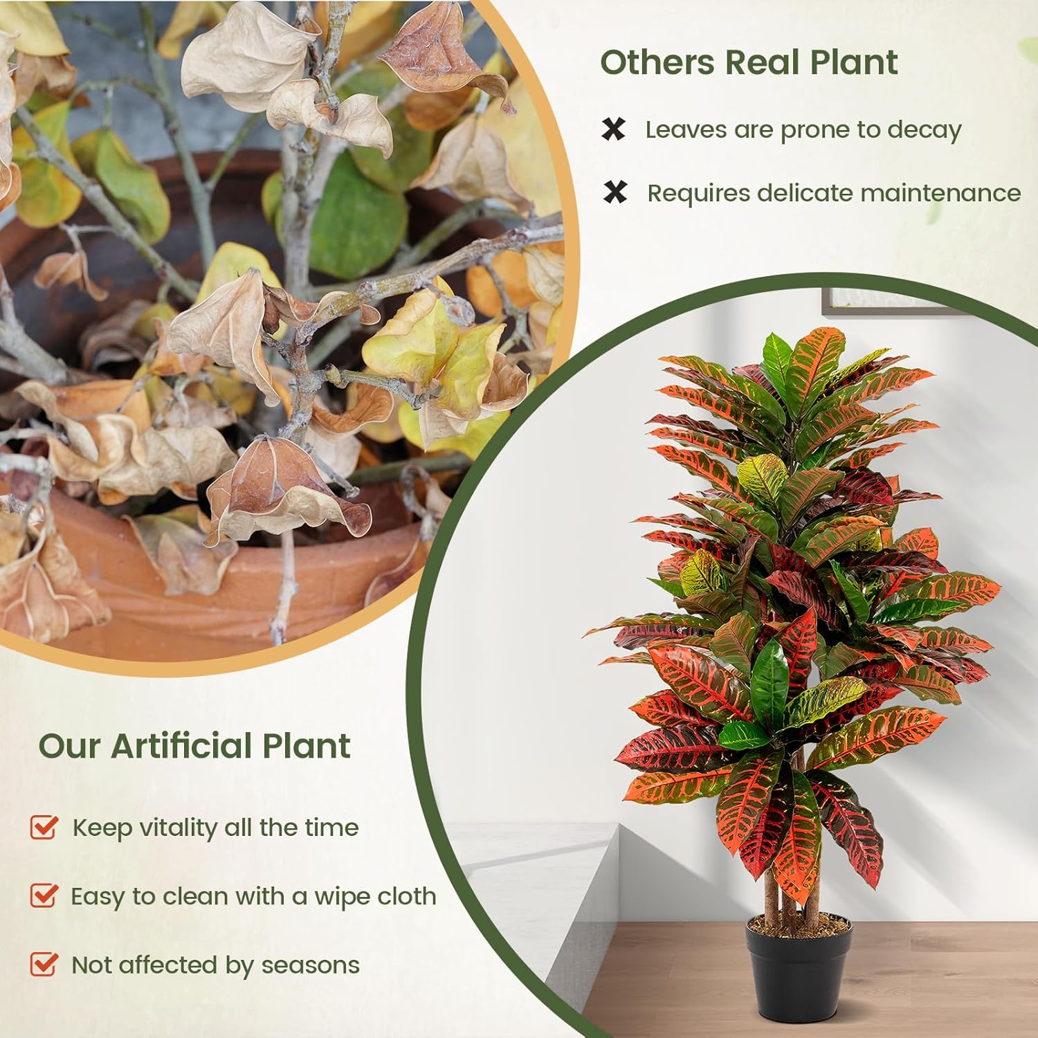 GOFLAME 40” Artificial Croton Plant, Greenery Potted Plant with Colorful Leaves, Natural Wood Trunks, Real Touch Fake Silk Plants, Faux Croton Palm Tree in Pot for Home Office Patio