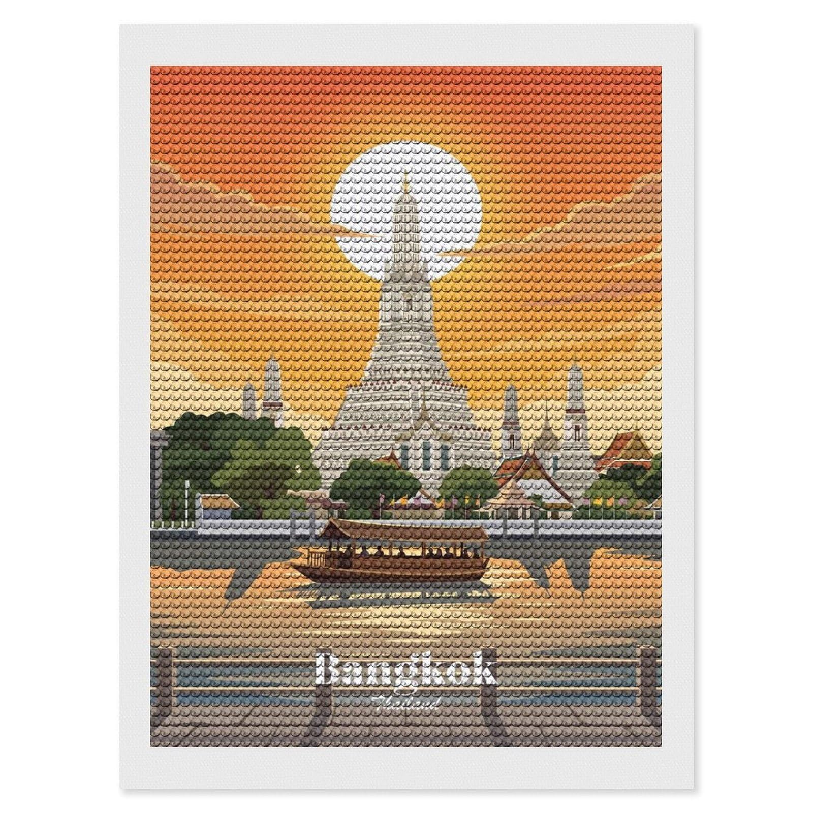 Junmoney Bangkok Thailand Wat Arun Sunset Diamond Art Canvas 12"x16", for Creative Relaxation, Simple to Start, Aesthetic Room Decor, Holiday Gift Idea