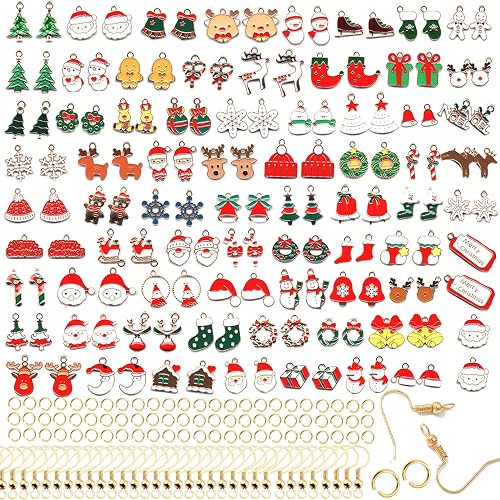stino 140Pcs Paired Christmas Metal Charms for Jewelry Making, with 200Pcs loops & 50Pcs Earring Hooks, for Necklace Earrings Bracelet Crafts