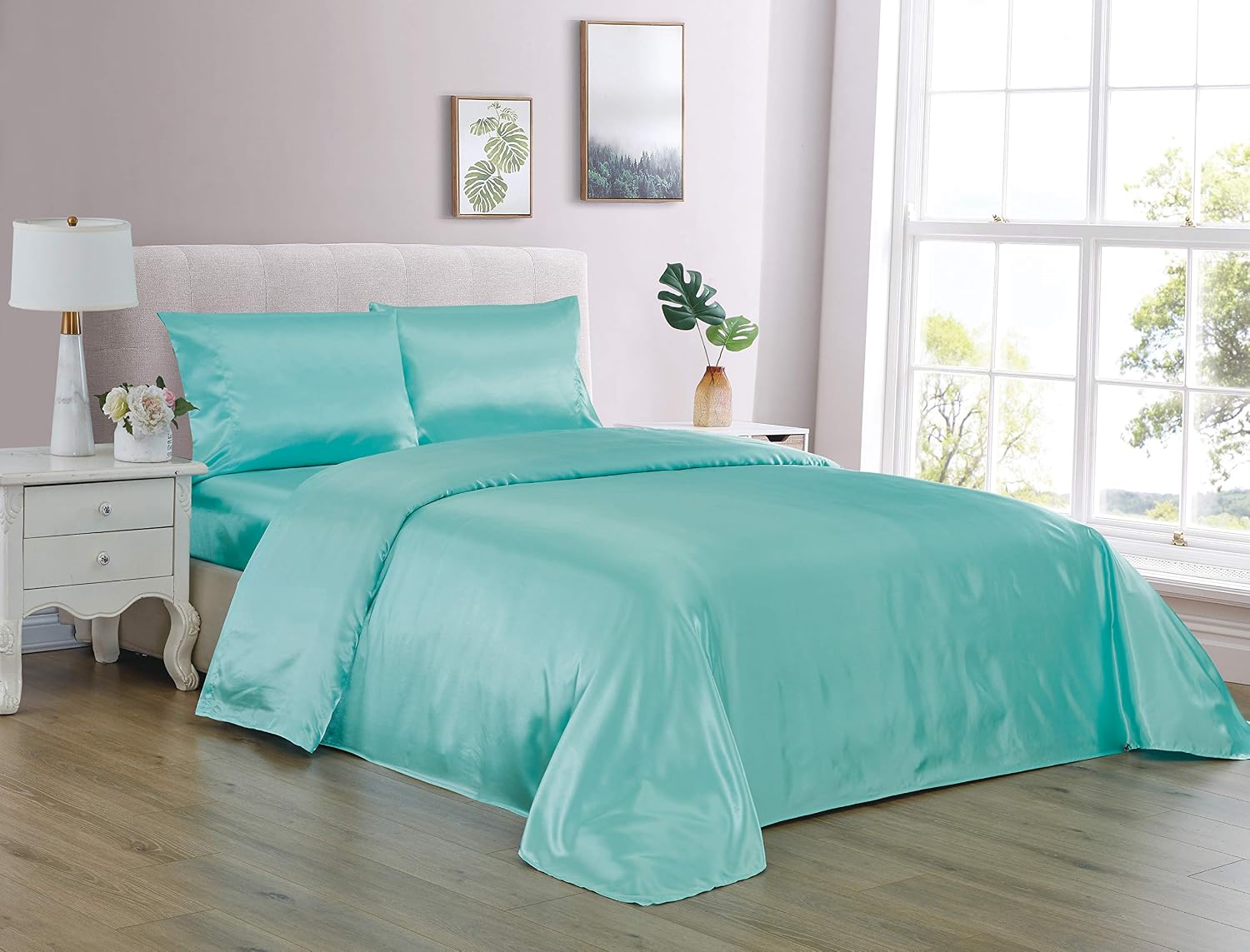 Home Collection Satin Sheet Set Solid Color Super Soft Touch Bridal Cozy Adorable Deep Pocket New (Aqua Blue, California King)