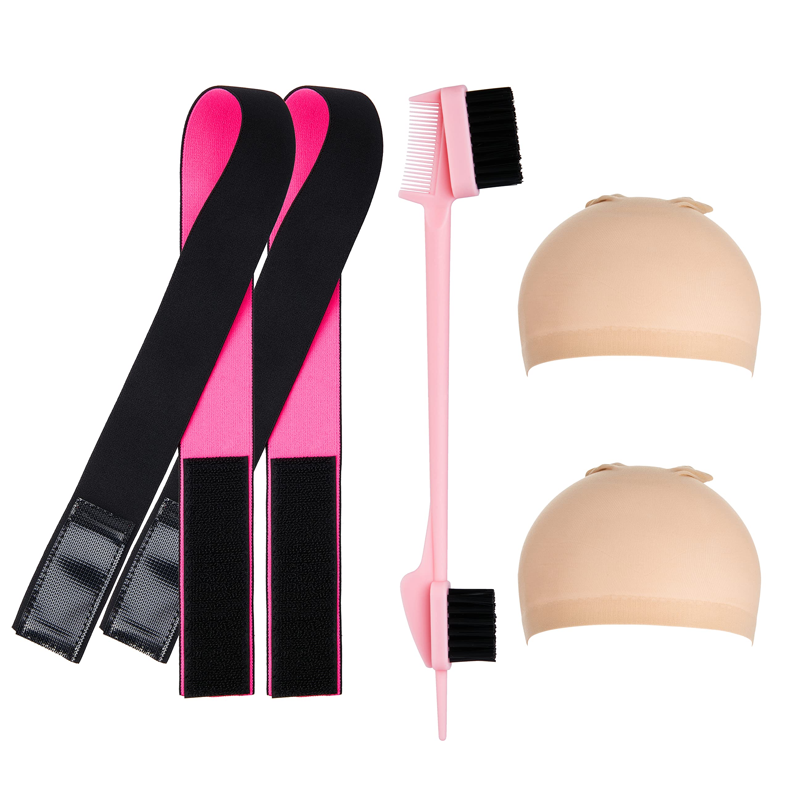 2PCS Edge Laying Wig Elastic Band for Women and Baby Hair, Lace Melting Front Bands for Keeping Wigs in Place, Wig Grip Headband Edge Wrap Band, Wig Caps, 3 in 1 Pink Edge Brush for Wig Accessories