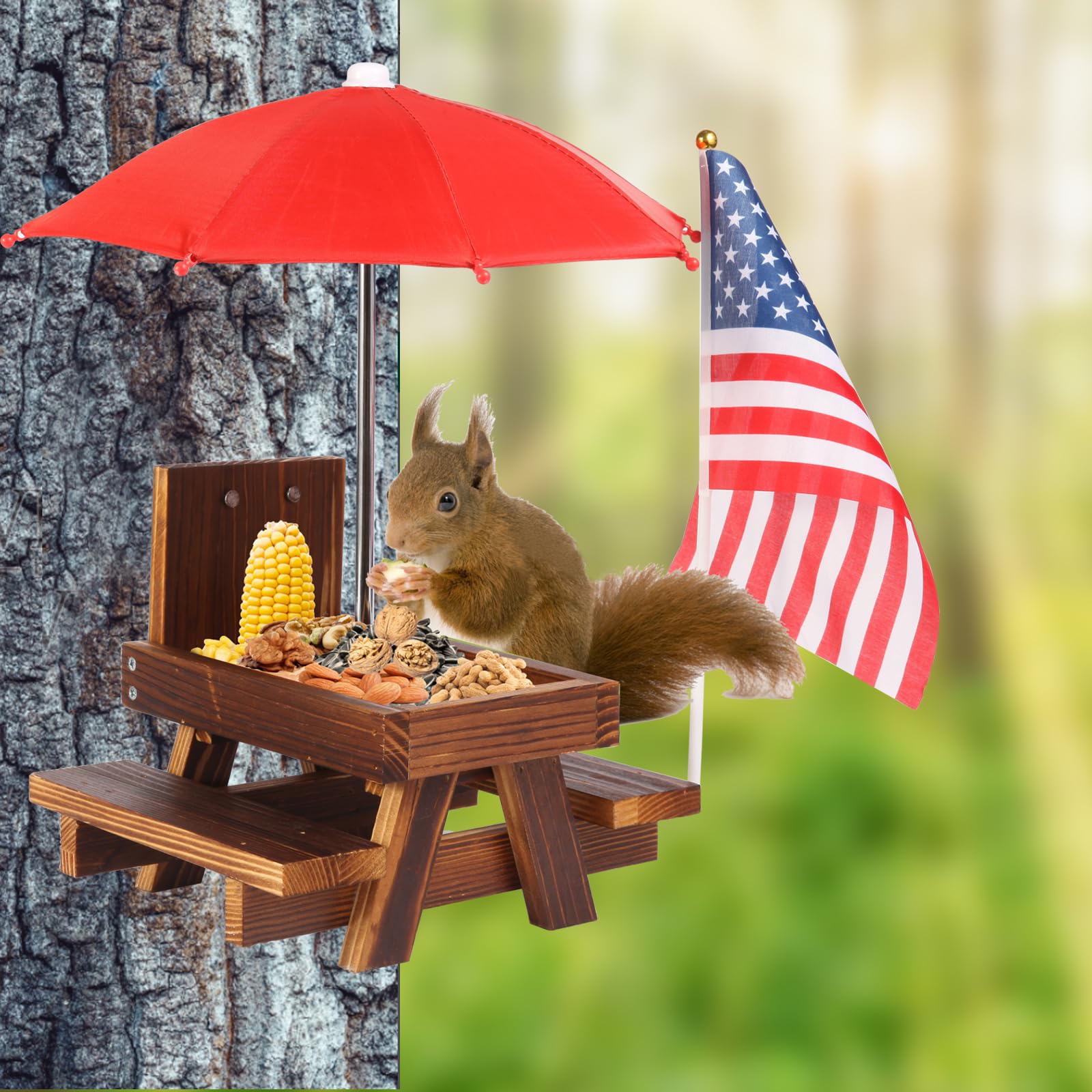 Wooden Squirrel Picnic Table Feeder – Handcrafted Outdoor Wildlife Feeder with Corn Spike, Easy Mounting for Backyard & Garden, Weather-Resistant Feeder for Squirrels, Birds, and Wildlife
