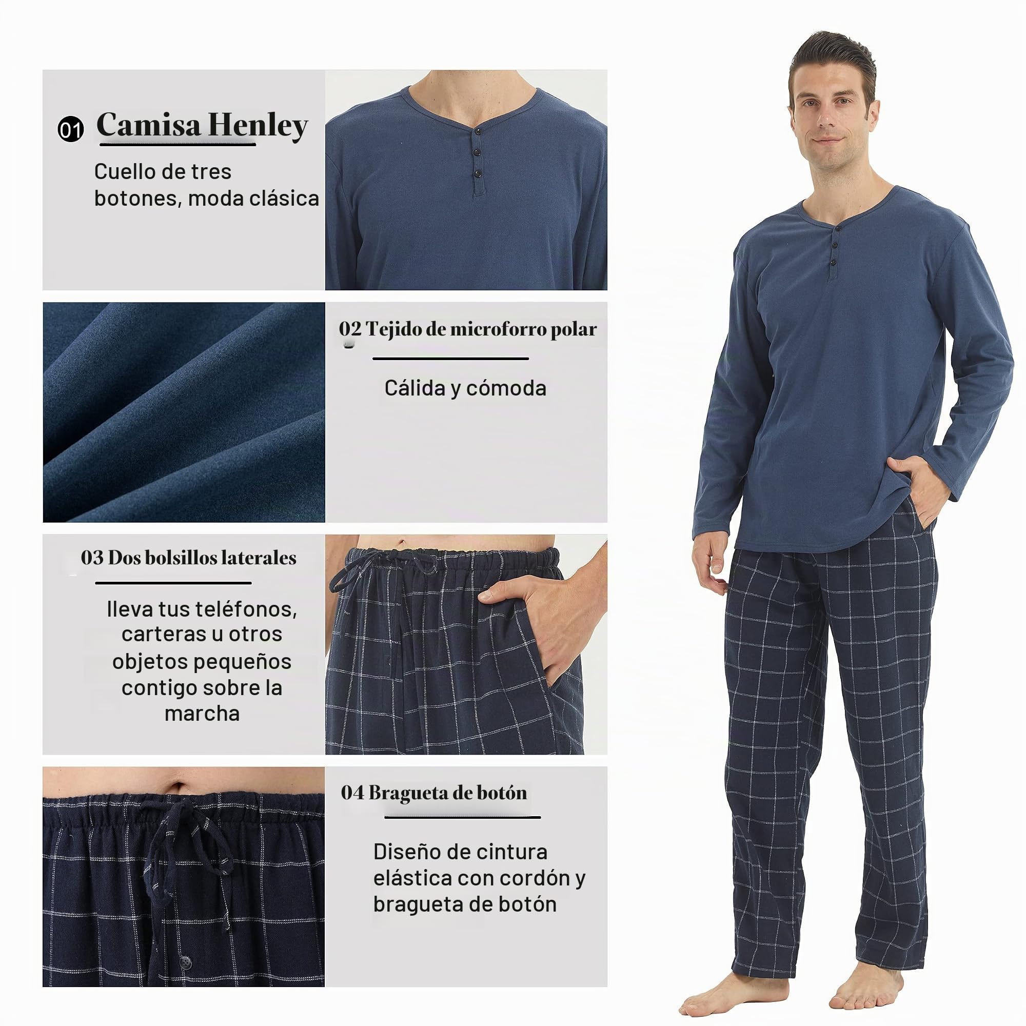 YUSHOW Pijama Hombre Invierno Pijama con Manga Larga Polar y Pantalón Largo de Algodón a Cuadros Conjunto de Pijama Cómodo y Calentito