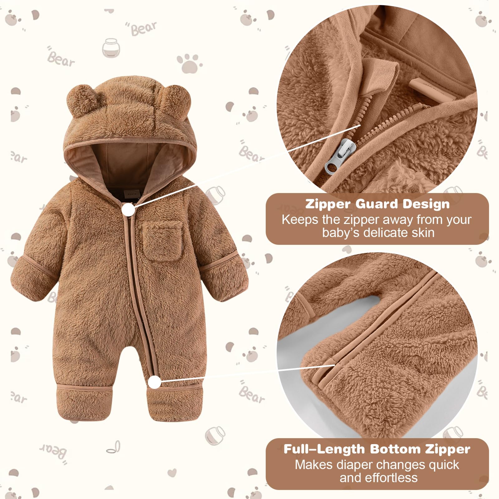 Traje de nieve para bebé recién nacido, ropa de cochecito de bebé, mameluco con capucha de oso, abrigo de invierno con orejas de oso para 0-3M, 3-6M, unisex, para niños y niñas