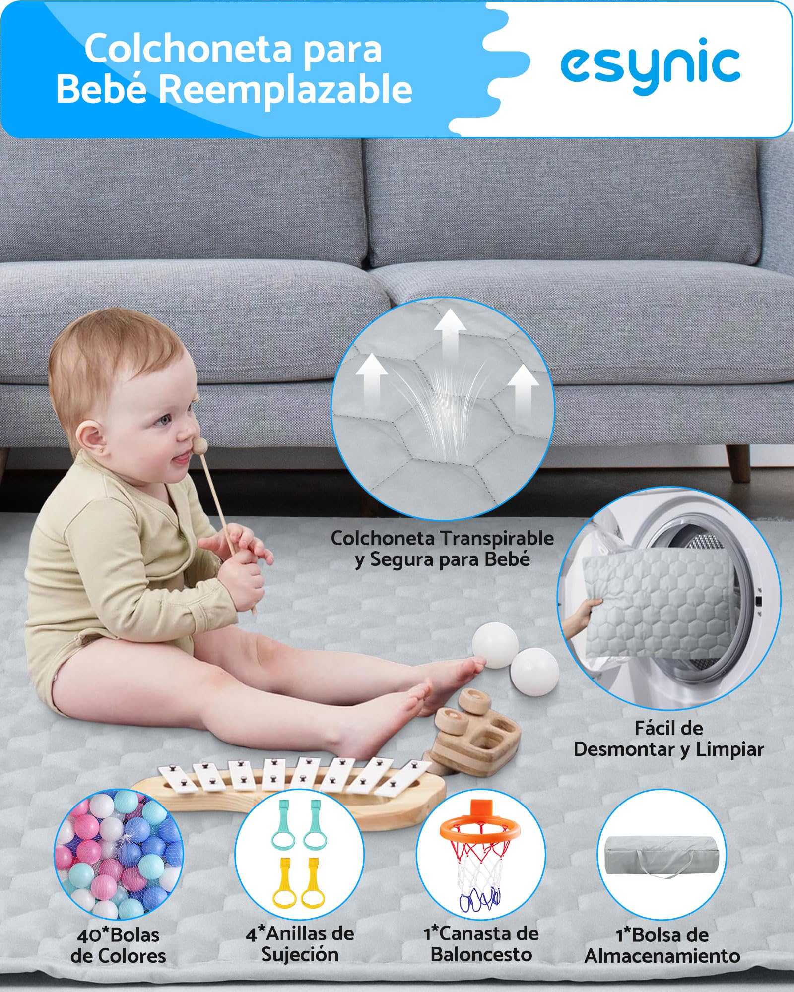 eSynic Parque Infantil Bebé Plegable 150x150 cm Corralito Bebé Grande con Colchoneta Centro de Actividades Playpen con Malla Transpirable Pelotas Canasta Uso Interior Exterior Portátil Gris