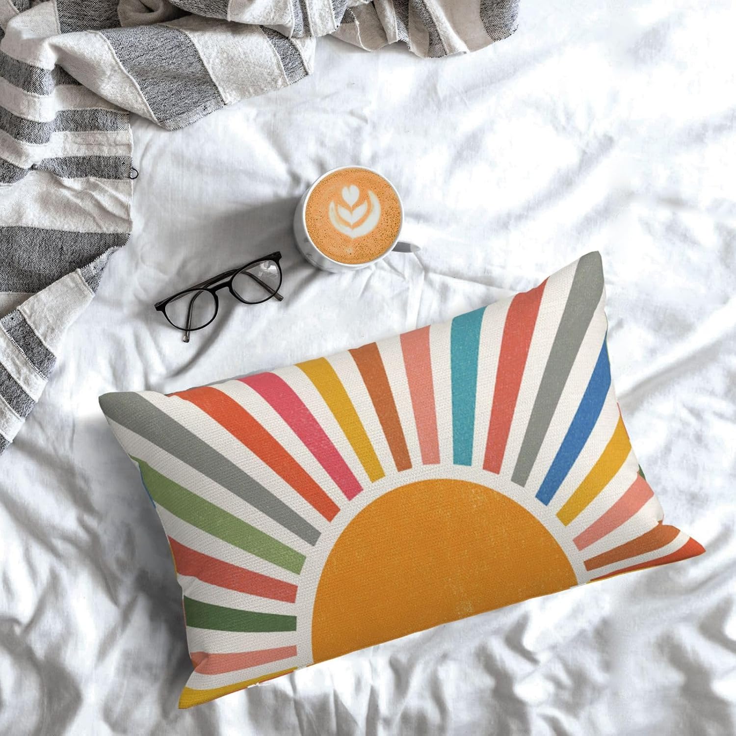 Summer Pillow Covers 12x20 Set of 2 Colorful Stripes Yellow Sunshine Outdoor Throw Pillows Boho Rainbow Sun Decorative Pillowcase Lumbar Modern Farmhouse Cushion Case for Home Bedroom Decor image 3