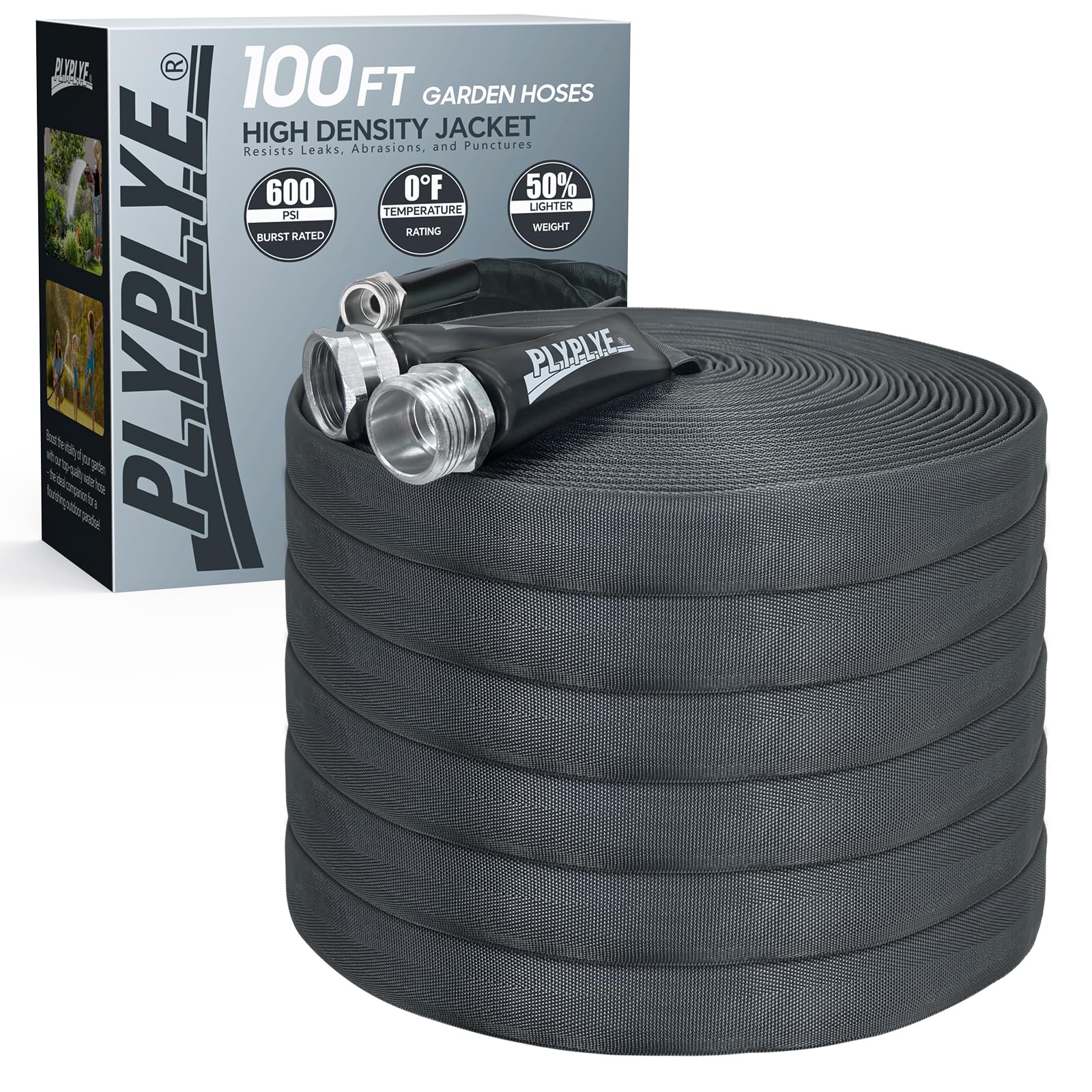 100ft Non-Expanding Garden Hose – Ultra-Light, Kink-Free, High-Pressure, Abrasion-Resistant, Durable, All-Weather, Eco-Friendly, Black&Gray
