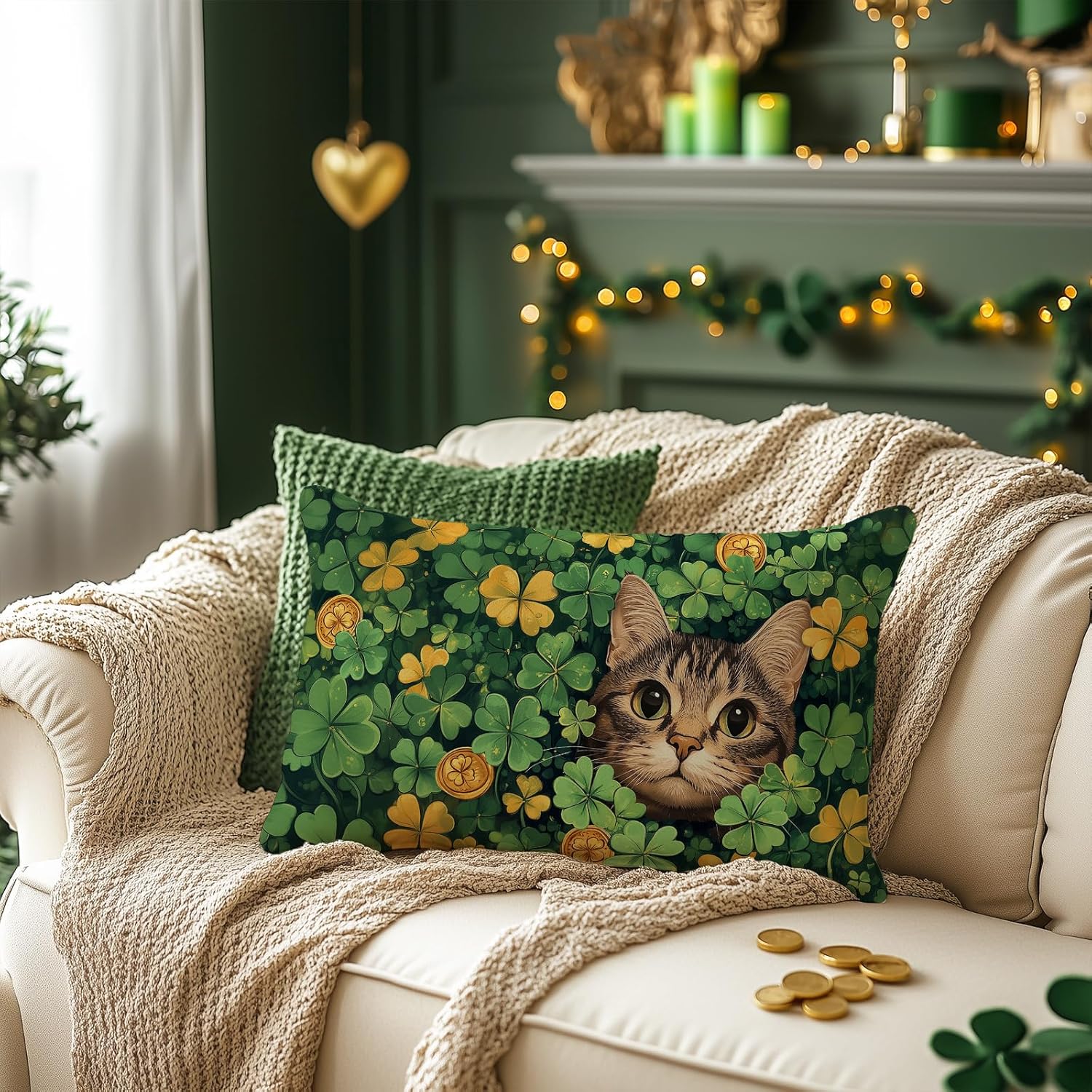 GEEORY St.Patrick's Day Pillow Cover 12x20 Inch - Shamrock Cat Gold Coins Decor, Farmhouse Holiday Green Themed Pillow Case Gift for Home Sofa Couch - Image 2