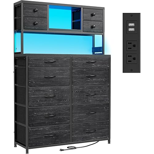 Black Dresser with 14 Fabric Drawers, Dresser for Bedroom with Charging Station and LED Lights,Dressers & Chests of Drawers for Bedroom, Steel Frame & Wooden Top, Entryway