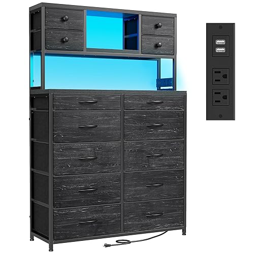 Black Dresser with 14 Fabric Drawers, Dresser for Bedroom with Charging Station and LED Lights,Dressers & Chests of Drawers for Bedroom, Steel Frame & Wooden Top, Entryway - Black