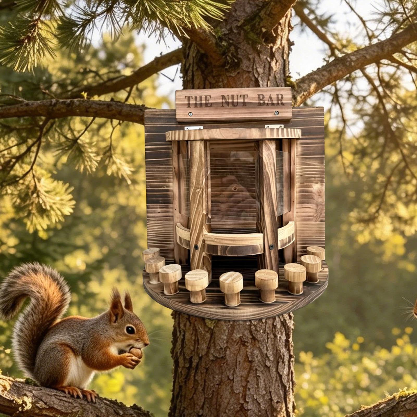 Mangiatoia per Scoiattoli con Pannello Frontale in Legno Divertente e | Mangiatoie da Scoiattoli da Esterno per Noci Granturco all'Aperto Giardino Terrazza Albero Retro Cortile