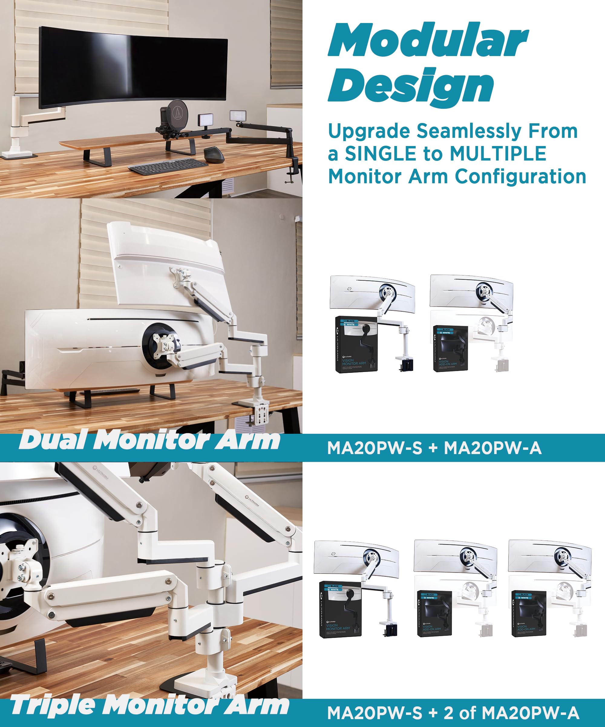 ULTRARM Braccio Heavy Duty per Monitor 57” – Regolabile in Altezza con Molla Pneumatica, Supporto da Scrivania VESA 75x75/100x100, Fino a 20 kg, Bianco, MA20PW-S