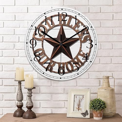 Miniatura 11 de Reloj de pared redondo de estilo retro con estrella de Texas occidental, reloj de madera, silencioso, sin tictac, funciona con pilas, con números