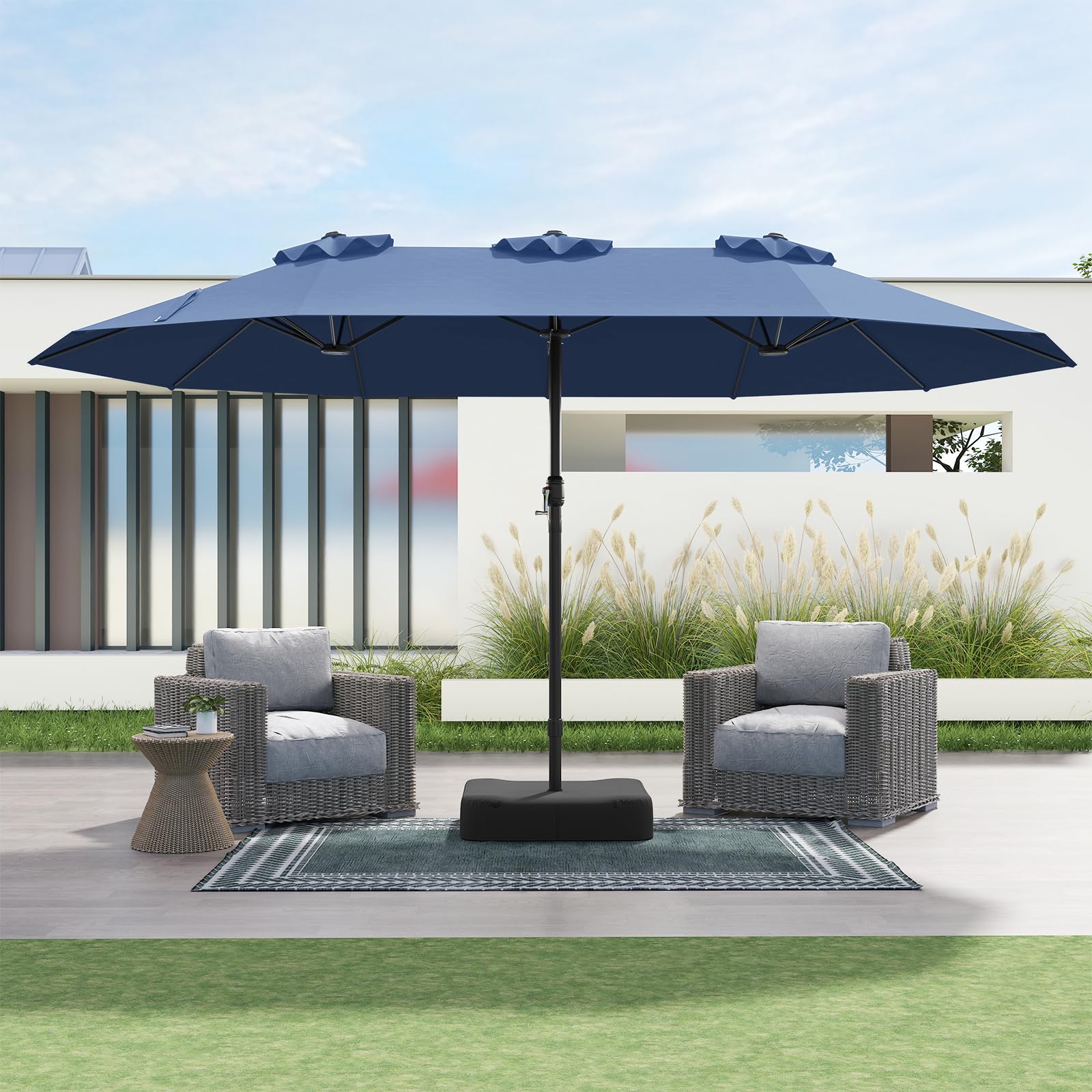 RELAX4LIFE Sombrilla Doble de 470 x 285 cm, Sombrilla Terraza Exterior con Manivela, Base, 2 Sacos de Arena y 12 Varillas, Parasol Impermeable con Protección UV para Jardín, Patio y Playa