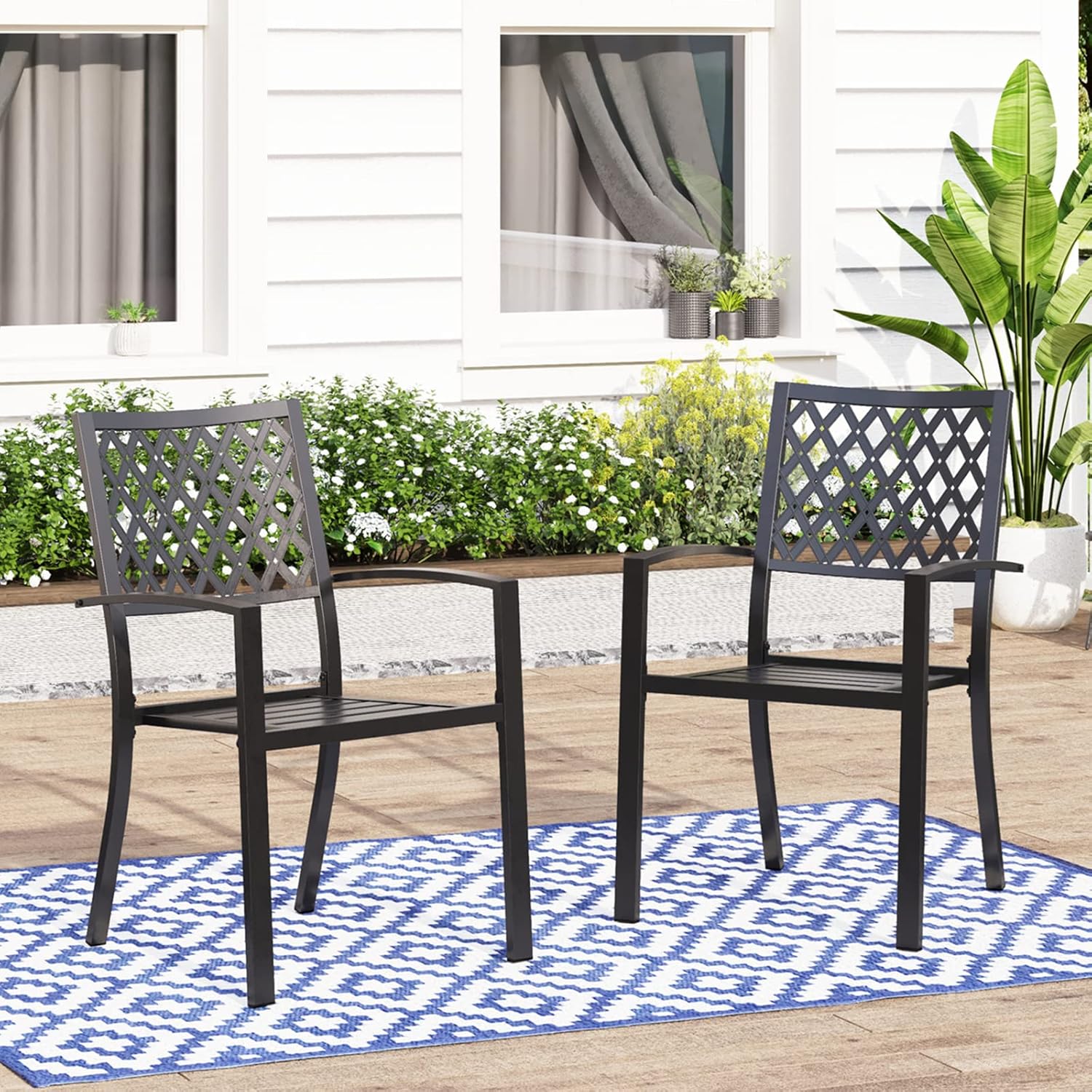 PHI VILLA Outdoor Metal Dining Chairs, Black Wrought Iron Stacking Armchairs, Outside Seating Furniture for Patio Deck, Yard, Porch | 2 PCS | Lattice Back