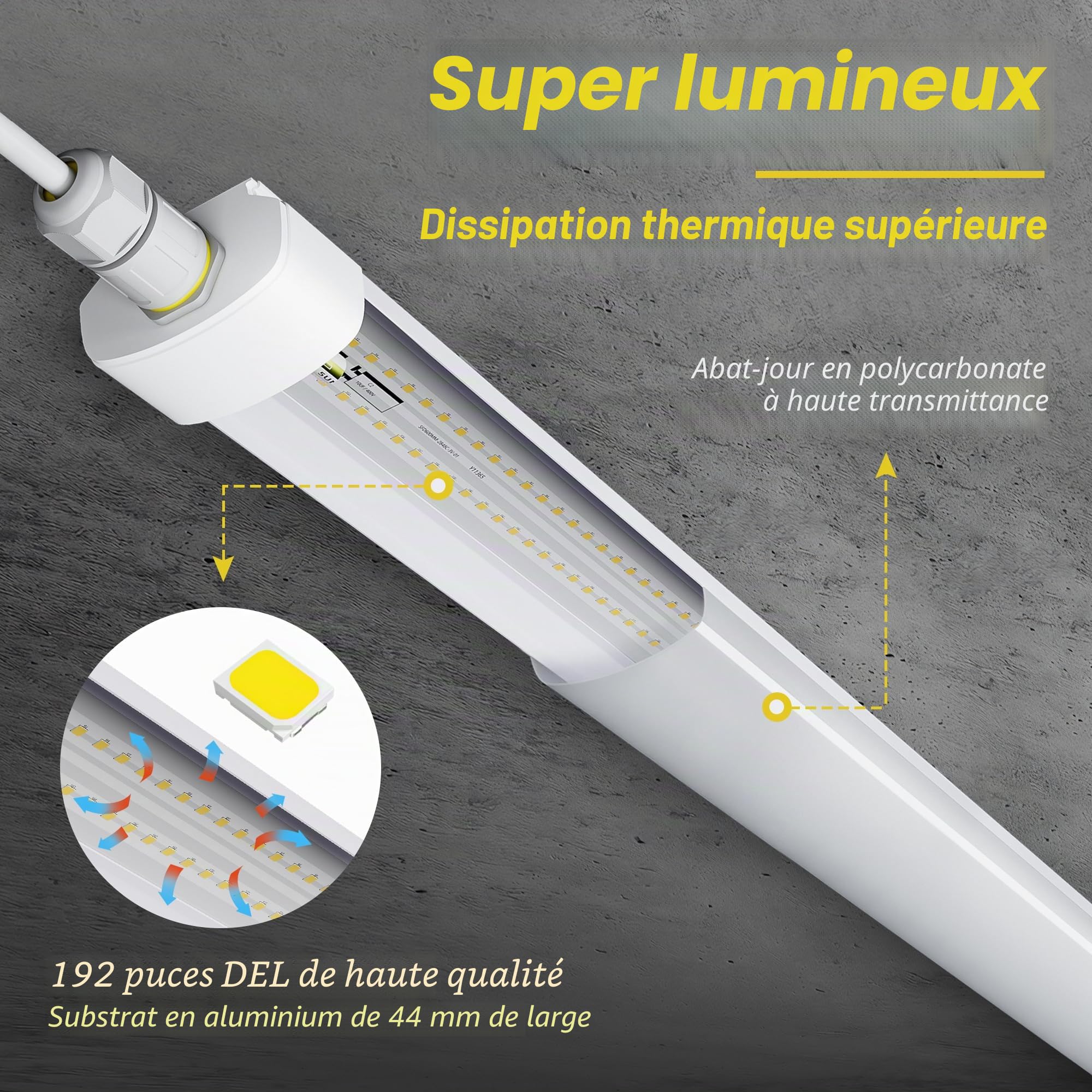 GeyouLux Réglette LED 120 cm, 40W 5040 lm 5000K Blanc Froid IP65 Étanche, Neon LED Garage Enchaînable avec Fil de Terre, 192 LEDs sans scintillement pour Garage Atelier Entrepôt Bureau, Tube Blanc