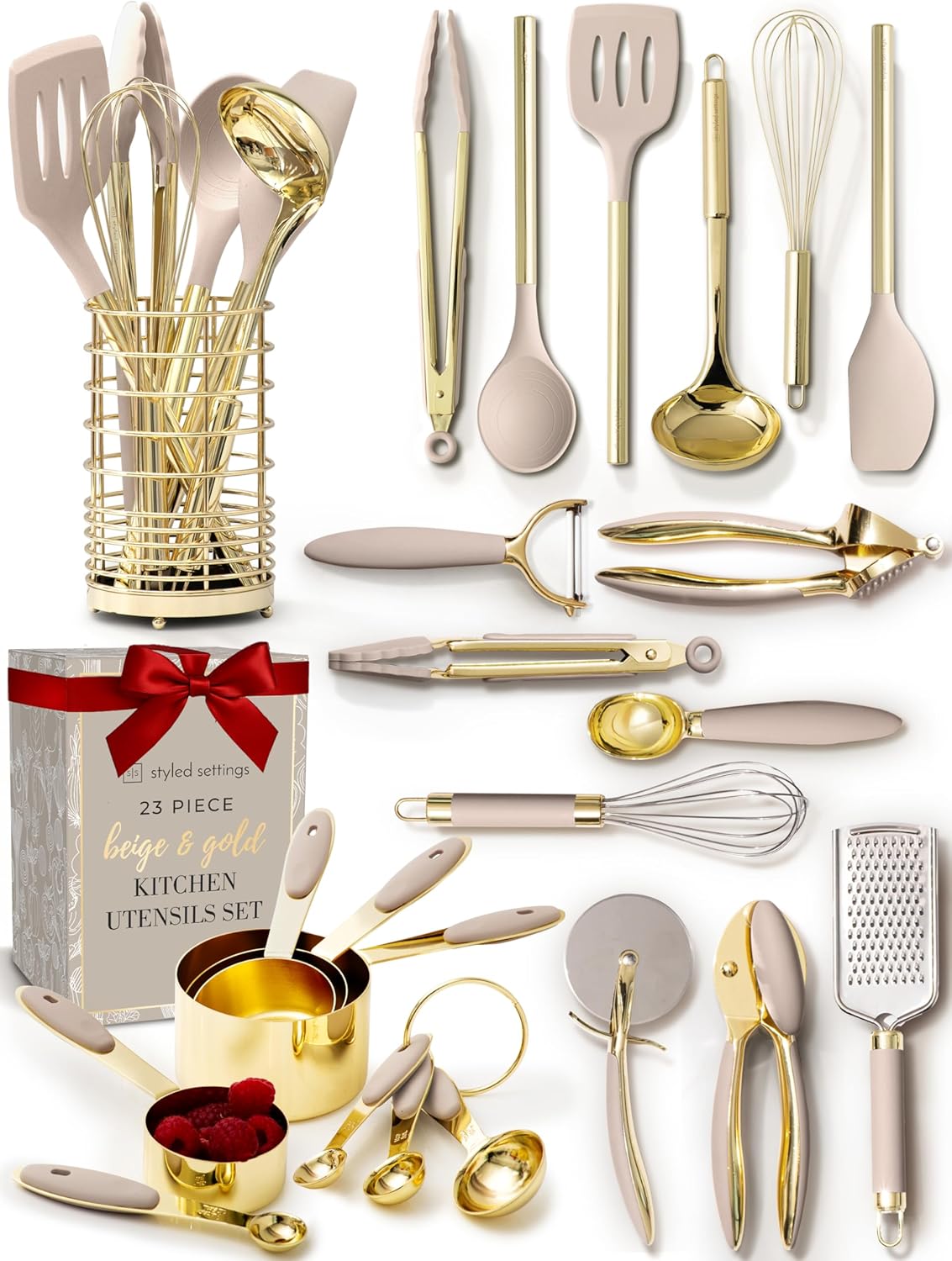 Styled Settings 23-Piece Beige and Gold Utensils Set – Silicone Nonstick Cooking Tools with Garlic Press, Can Opener, Measuring Cups, Utensil Holder – Luxury Kitchen Accessories for Modern Homes Styled Settings 23-Piece Beige and Gold Utensils Set – Silicone Nonstick Cooking Tools with Garlic Press, Can Opener, Measuring Cups, Utensil Holder – Luxury Kitchen Accessories for Modern Homes