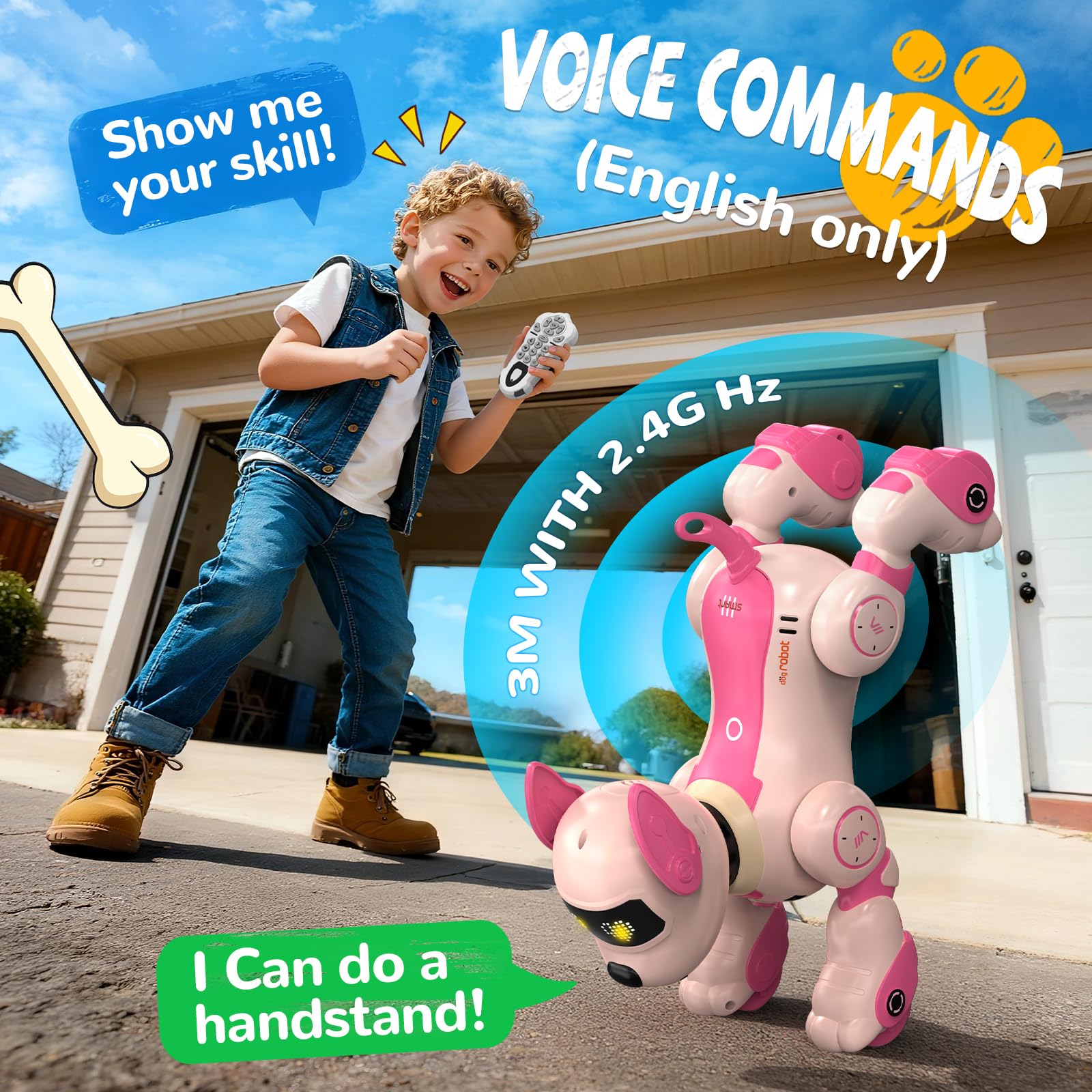 anysun Cane Robot, Giocattolo Cane Robot Ricaricabile, Giocattolo Programmabile con Funzione di Seguito, Comandi Vocali, Telecomando e Sensori Tattili, Regalo di Natale Ideale per Bambini (Rosa)