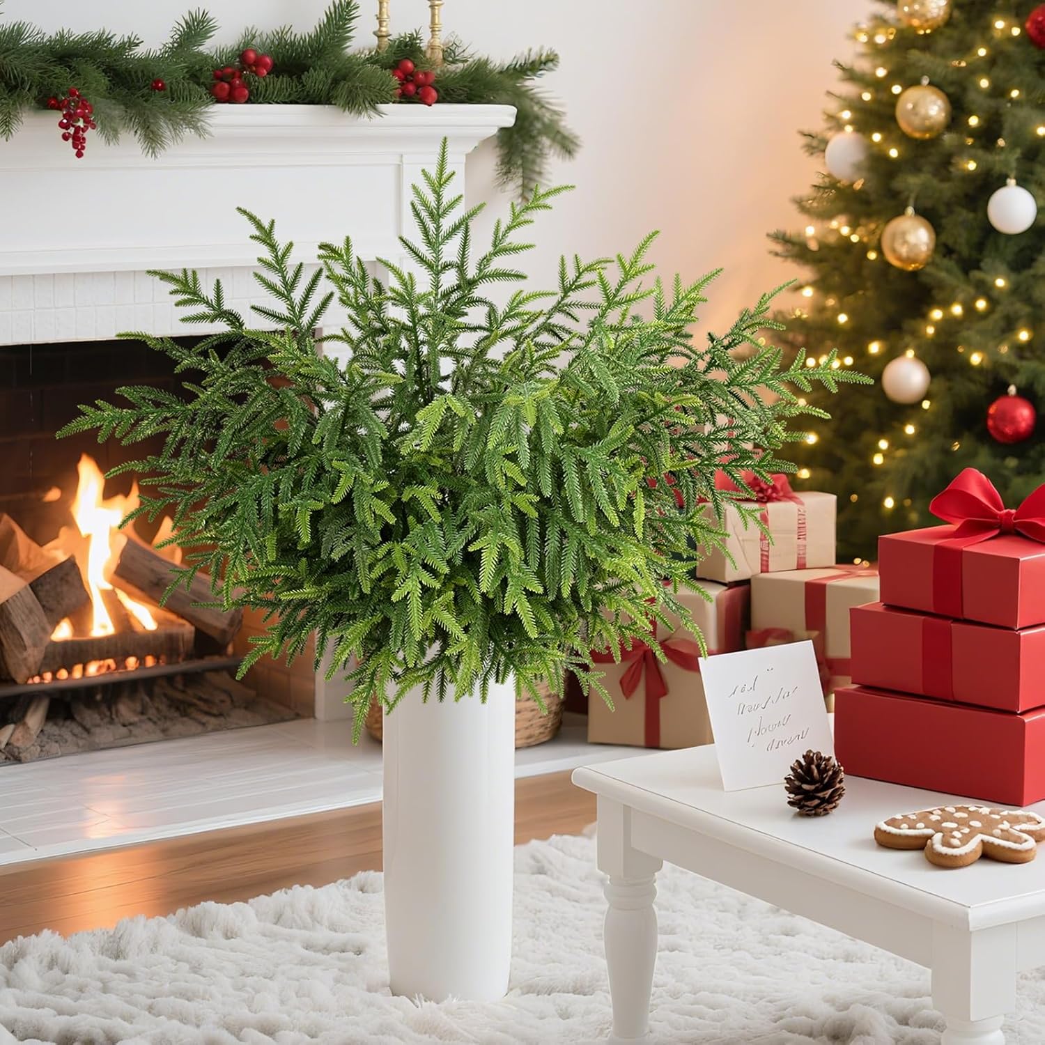 12 Pcs Christmas Norfolk Pine Stems, 36 Inch Real Touch Artificial Norfolk Pine Branches Christmas Greenery Stems, Faux Pine Branches for Vase DIY Garland Wreath Indoor Outdoor Home Decor - Image 2