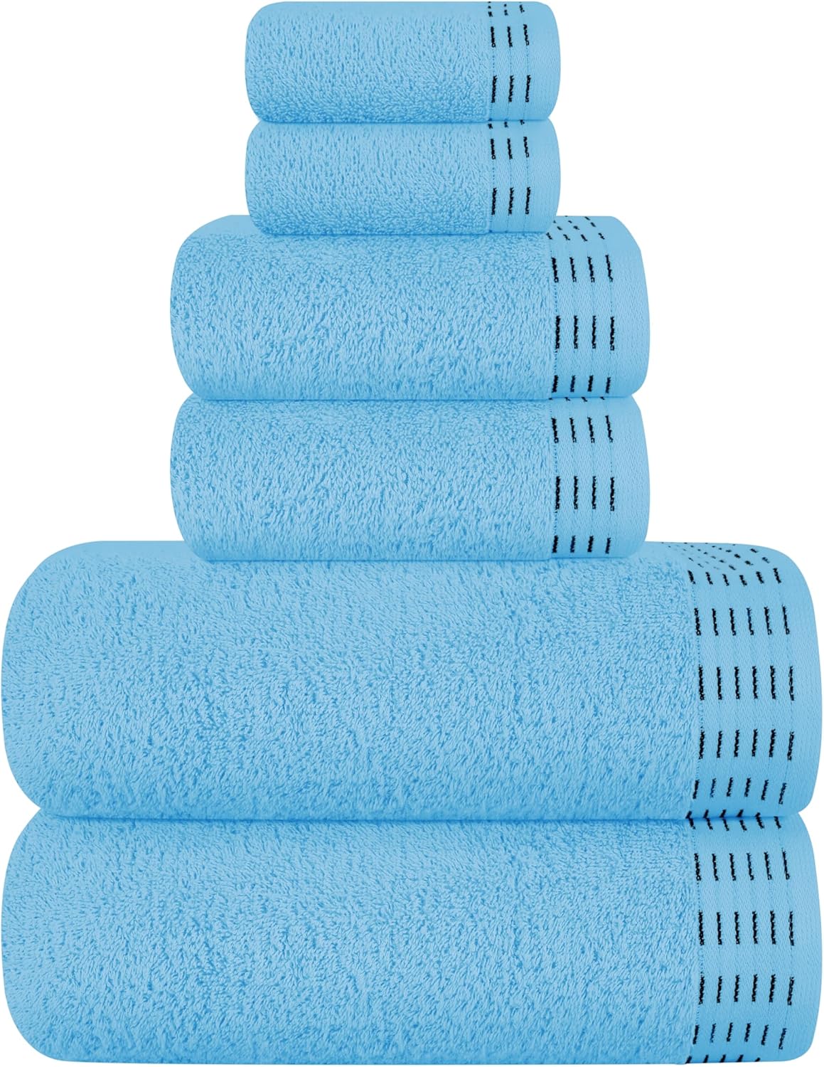 Ultra Soft 6 Pack Cotton Towel Set, Contains 2 Bath Towels 28x55 inch, 2 Hand Towels 16x24 inch & 2 Wash Coths 12x12 inch, Ideal Everyday use, Compact & Lightweight - Sky Blue