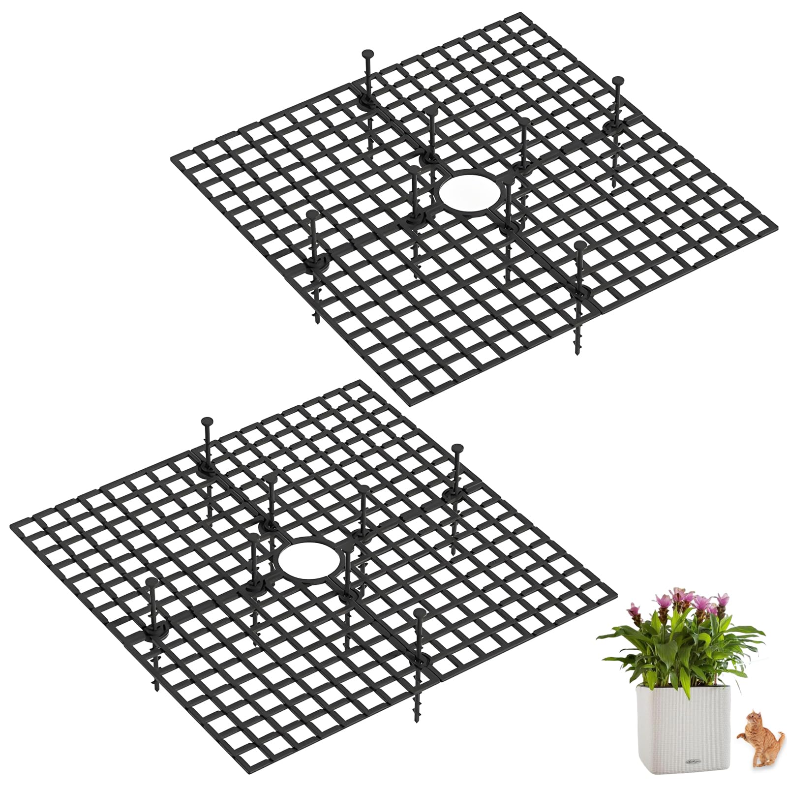 Tianher Blumentopfschutz, 2 Pcs Großes Schneidbare Blumentopfgitter mit Tiefen Pfählen,Blumentopf-Abdeckung,Schutz Gegen Katzen, zum Schutz von Kindern, Haustieren (30cm, Schwarz)