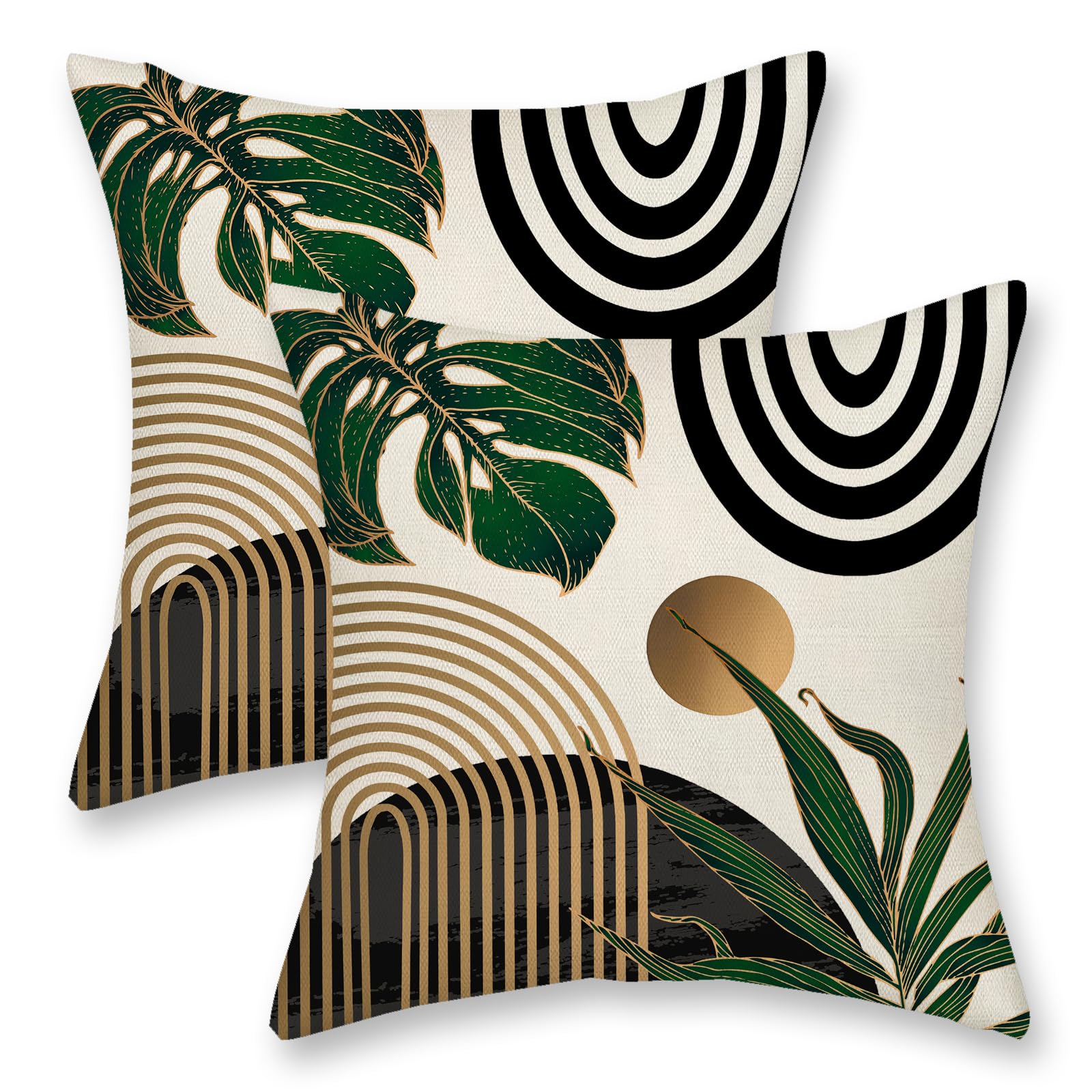 DAFENA Black Boho Pillow Covers 18x18 Inch 2 Pcs Green Gold Tropical Leaf Mid Century Summer Outdoor Decor Throw Pillows Modern Geometry Farmhouse