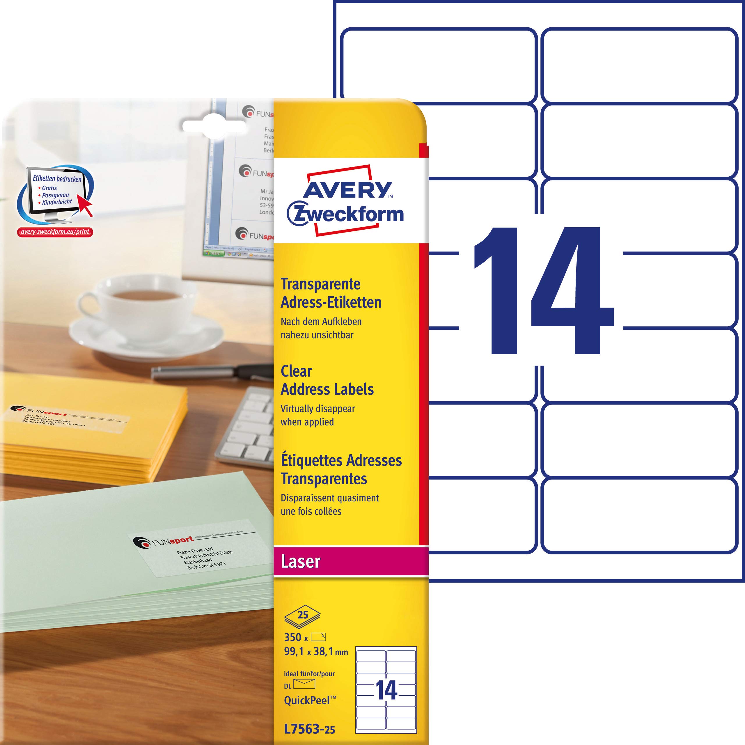 Avery Zweckform, L7563-25, 25 fogli, Etichette trasparenti 99,1 x 38,1 mm