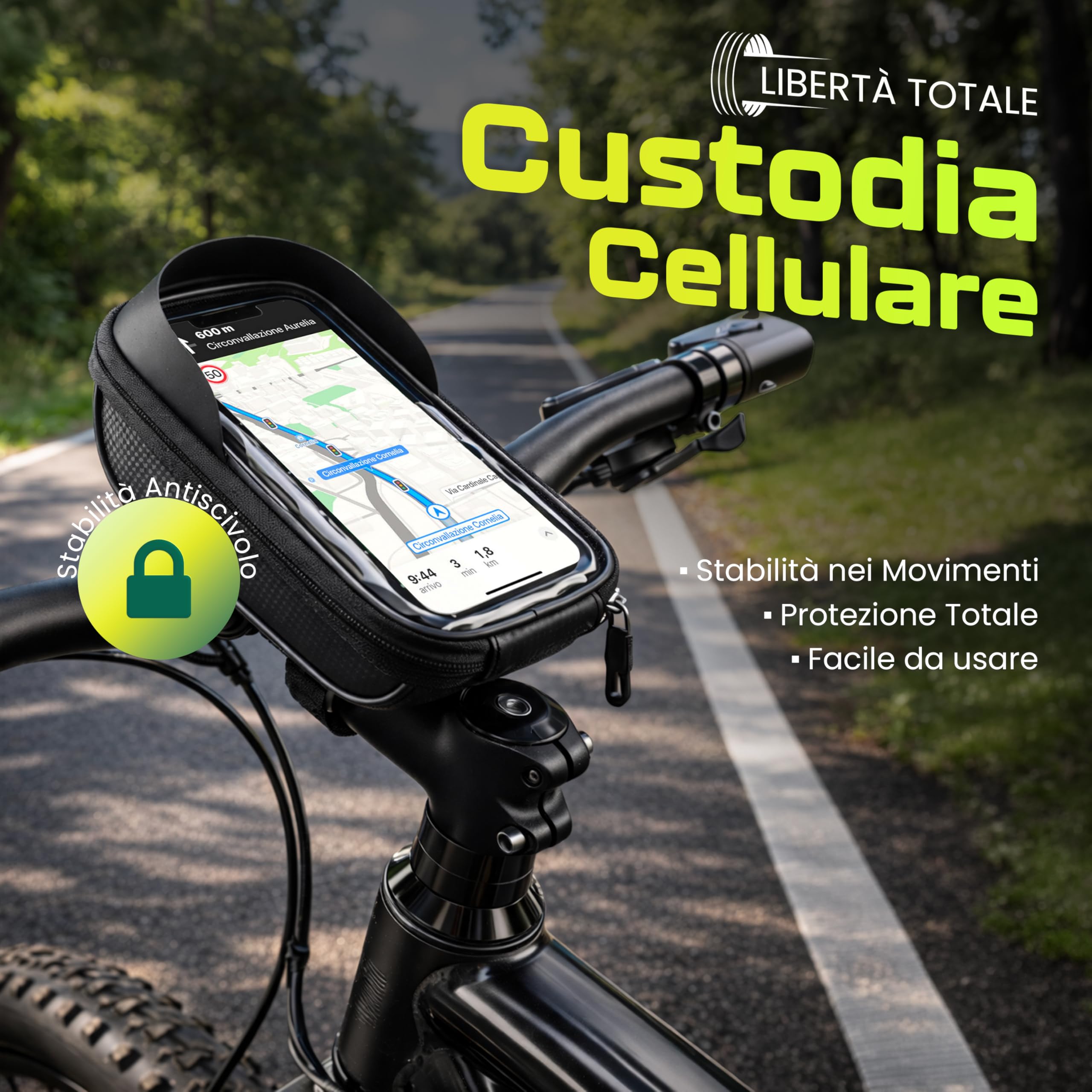 Generico Porta Cellulare Bicicletta, Porta Telefono Bici con Finestra Touch e Tasca Portaoggetti, Supporto Cellulare Bici Impermeabile agli Schizzi, Nero