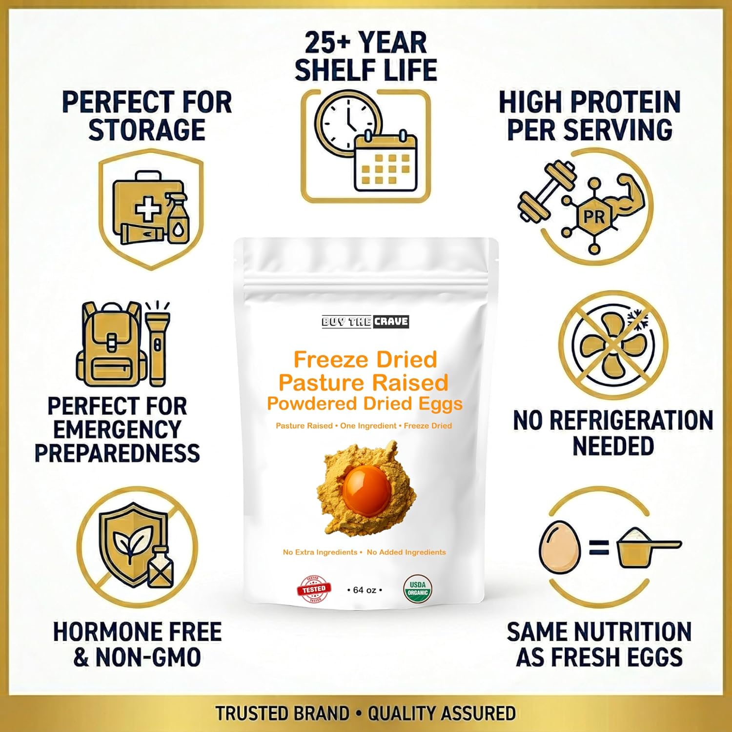 Freeze Dried Pasture Raised, Grade A Eggs, Grass Fed Powdered Dried Eggs 64 OZ Pack, Makes 140 EGGS Emergency, MRE Food Supply, Freeze Dried Survival Food for Hiking, Camping Essentials