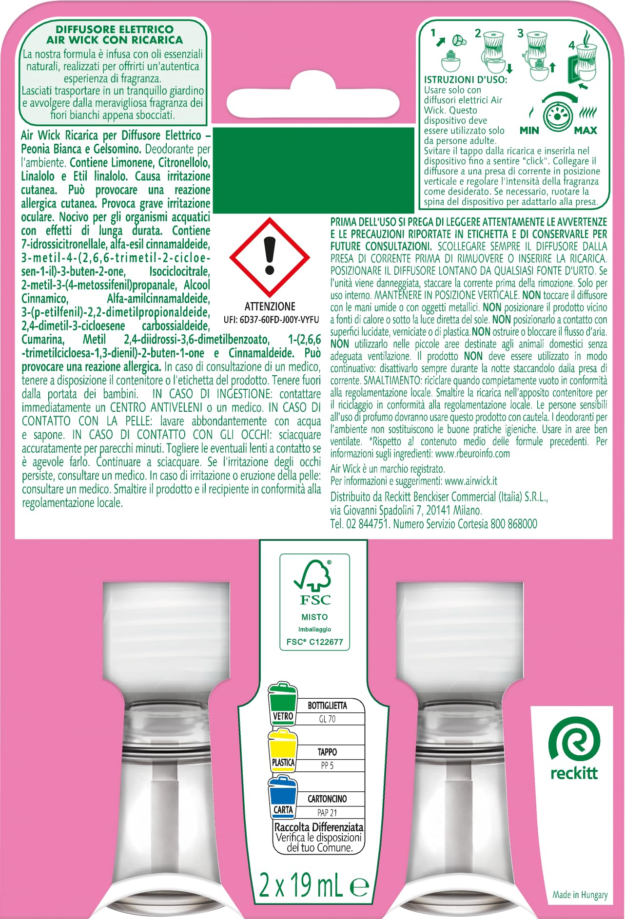 Air Wick Diffusore Elettrico di Oli Essenziali, 2 Ricariche per Diffusore alla Fragranza Peonia Bianca e Gelsomino, Profumatore per Ambienti con Oli Essenziali