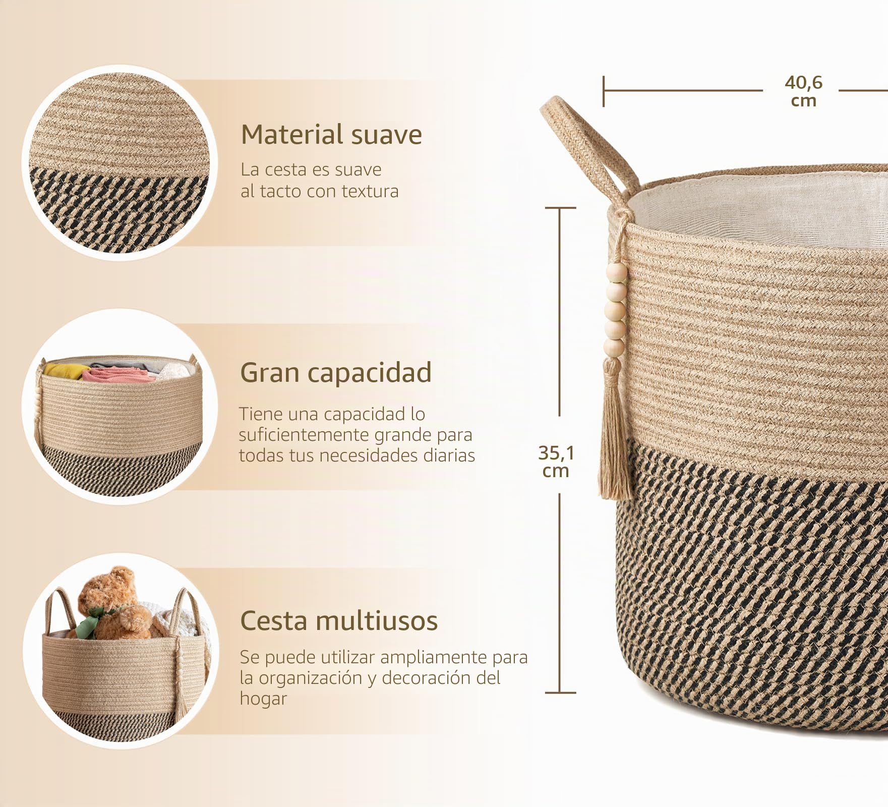 Mkono Cesta de almacenamiento tejida decorativa de cuerda con cuentas de madera para mantas, juguetes, ropa, zapatos, organizador de plantas con asas, decoración del hogar, sala de estar, amarillo y