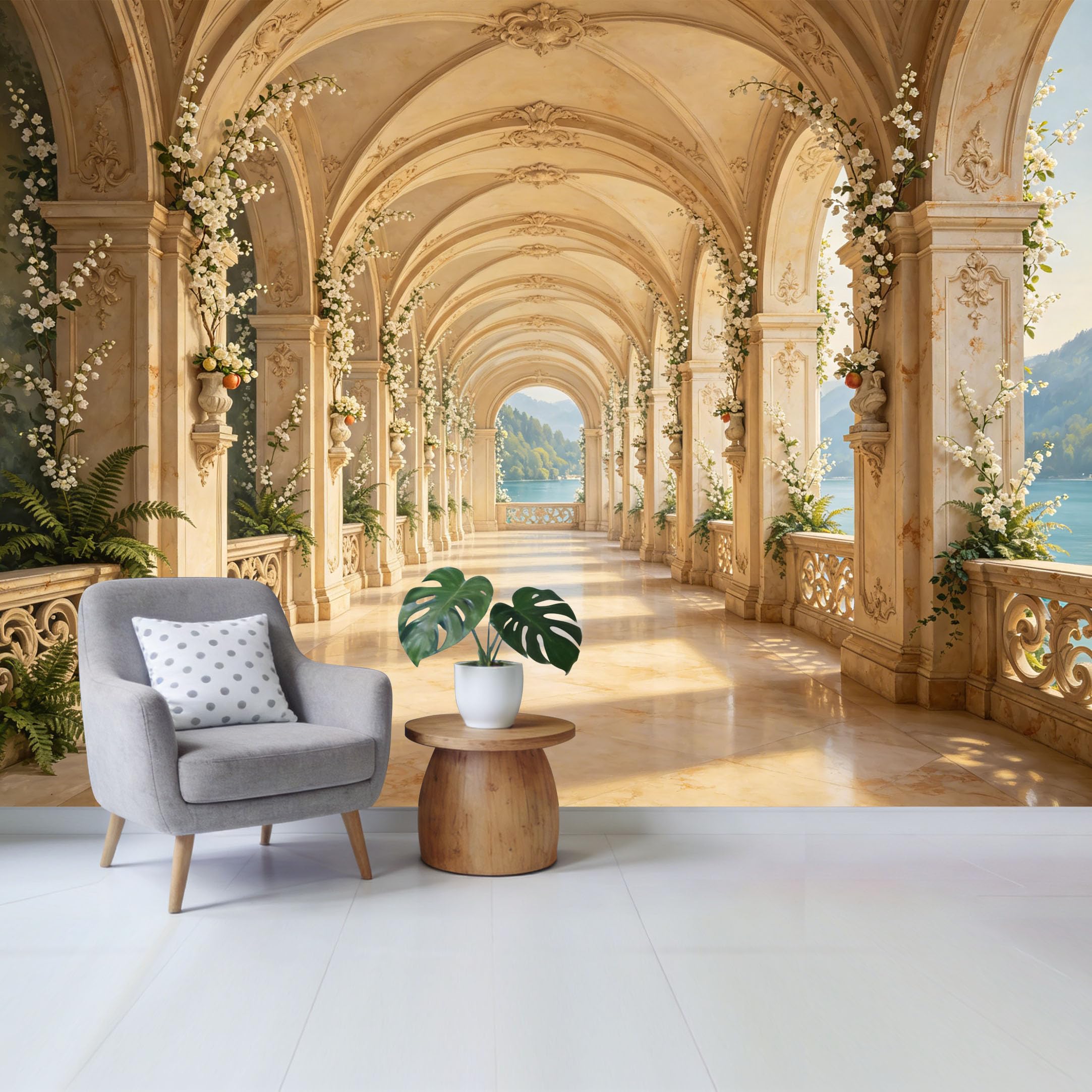 Removable Self Adhesive Fabric Mural， Neoclassical Marble Archway Lake Landscape Custom Size Wall Covering， UV Protected Waterproof Washable Wall Decor for Living Room Bedroom Bathroom