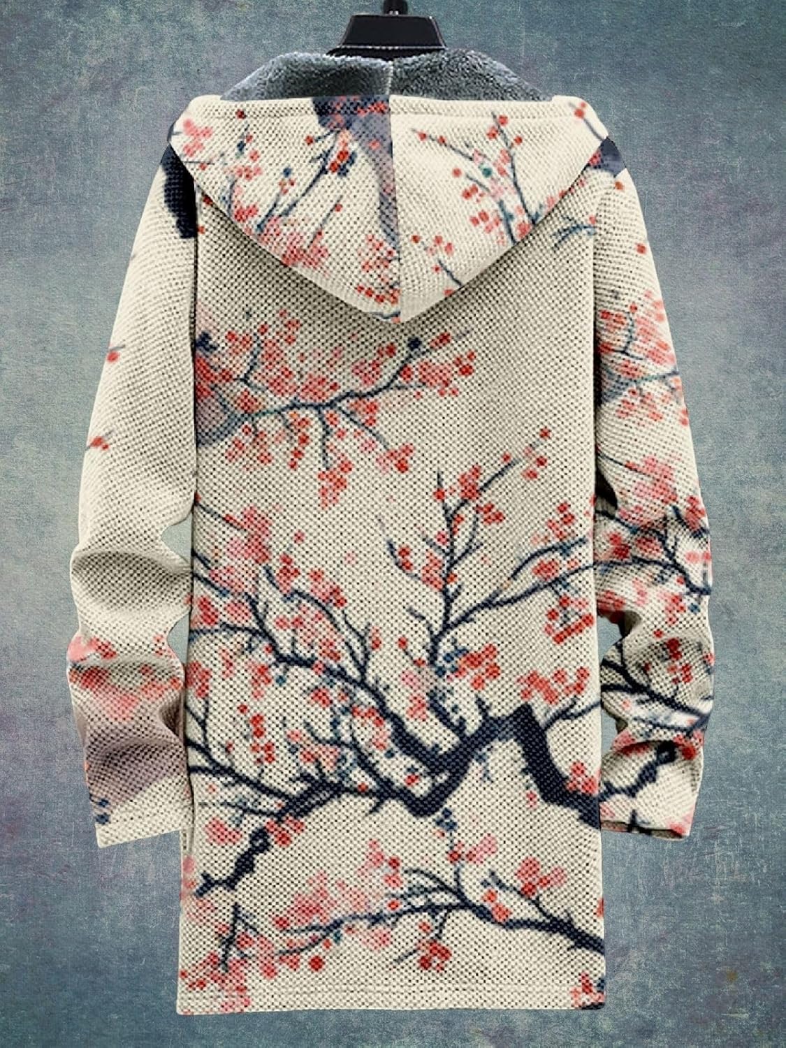 Men's Zip Up Hoodie Novelty Japanese Art Graphic Fleece Sherpa Lined Warm Jacket Long Cardigan Heavyweight Winter Coat