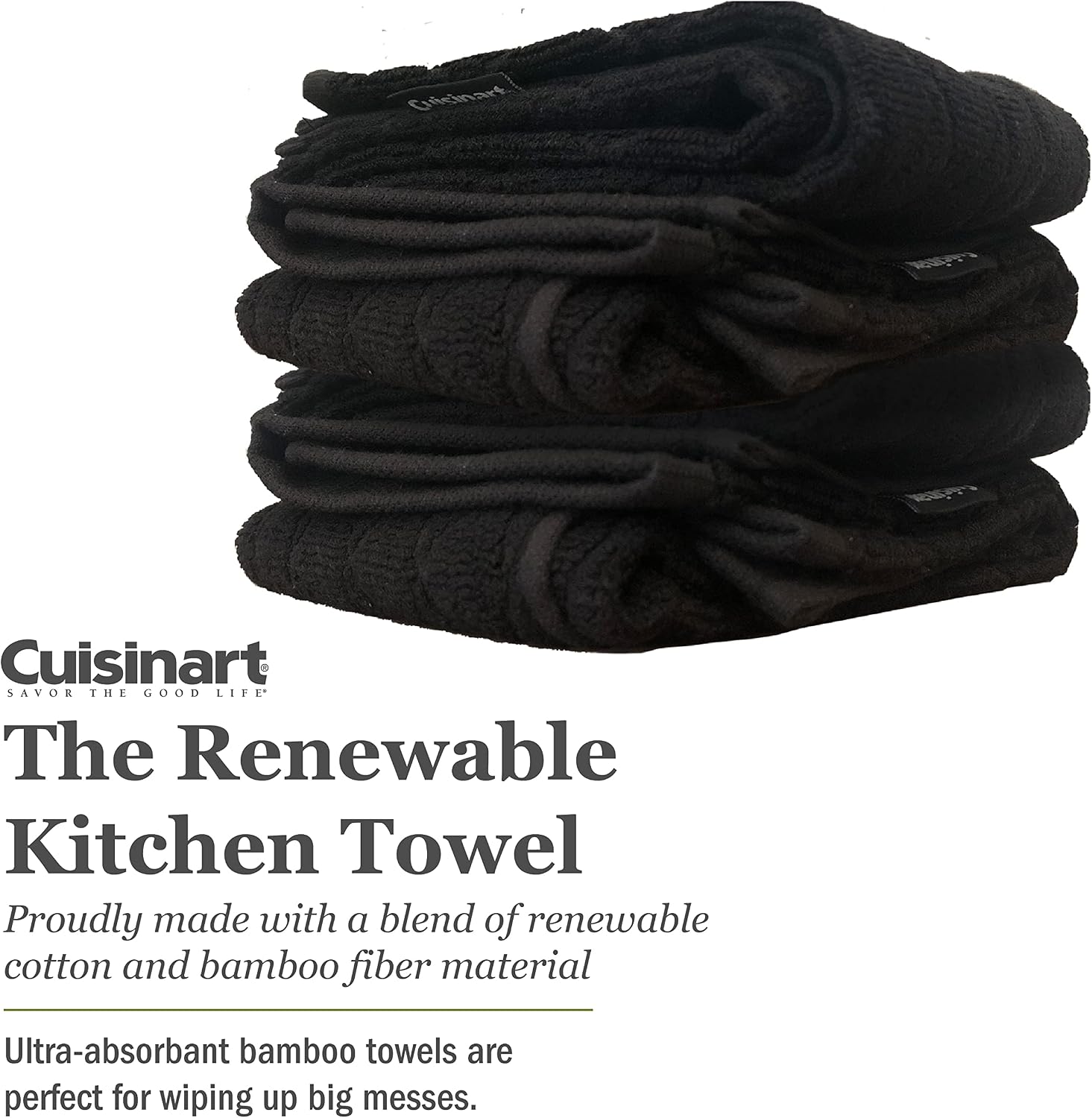 Cuisinart Bamboo Kitchen Towels, 2pk Jet Black - Soft, Absorbent, Durable Kitchen Hand Towels Set - Quick Drying Bamboo Cotton Blend Perfect for Drying Dishes or Hands, 16 x 26 Inches