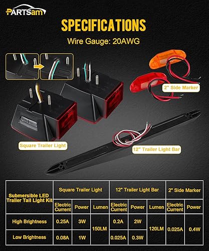 Miniatura 4 de Partsam Kit de luces LED sumergibles traseras para remolque, luces cuadradas para remolque+barra de luz+8 marcadores laterales, con arnés de
